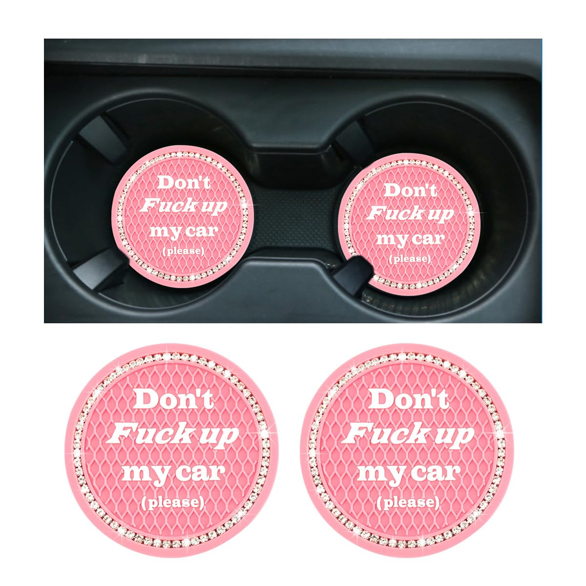 2 PCS Bling Car Cup Coaster, 2.75 Inch Anti-Slip Cup Holder Insert Coasters, Crystal Rhinestone Auto Drink Car Cup Mat for Women Girls, Universal Interior Car Accessories (Pink)