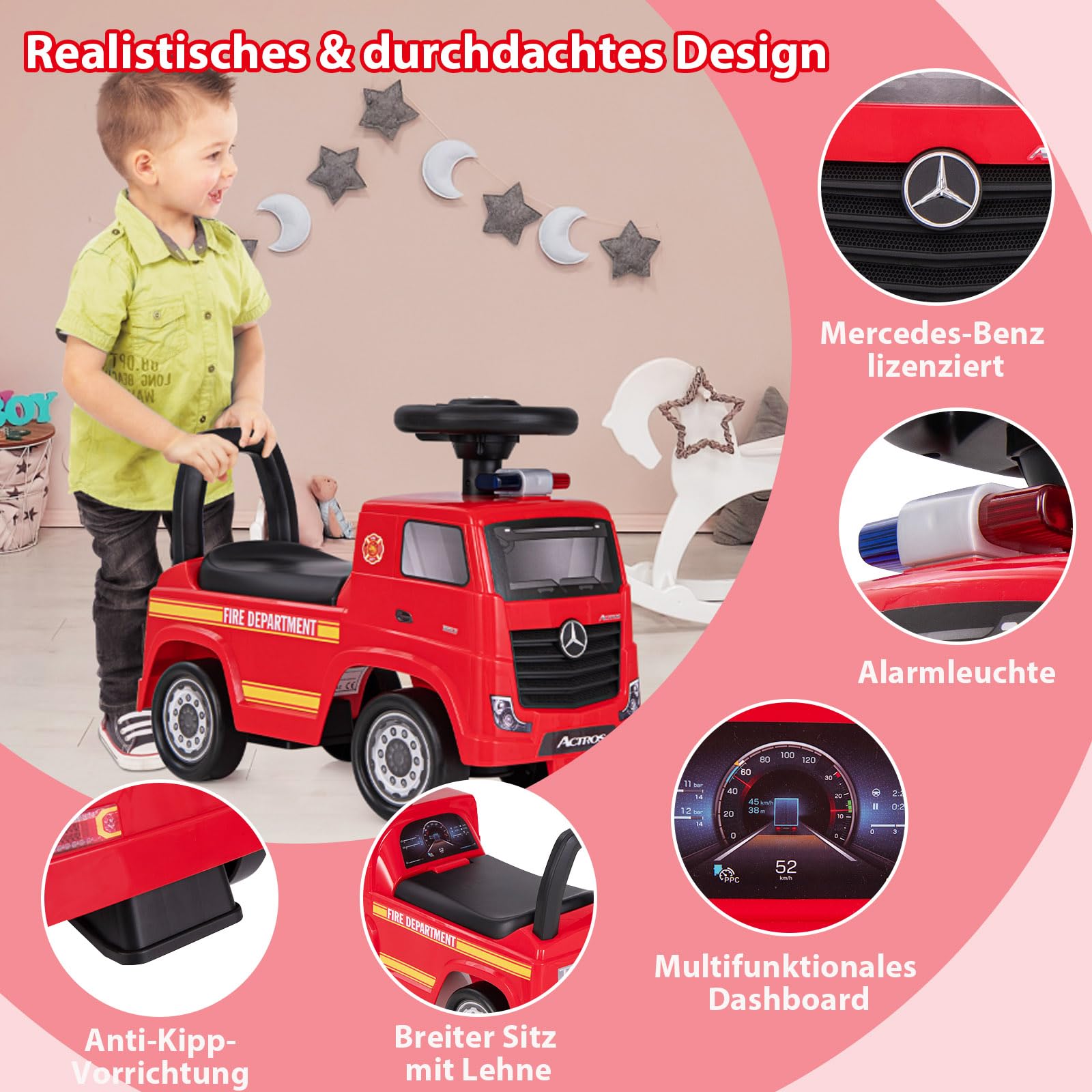 SOARS Mercedes-Benz Rutschauto, Feuerwehrauto mit Warnleuchte, Hupe & Musik, Rutschfahrzeug mit verstecktem Stauraum, Kinderfahrzeug bis 23 kg belastbar, für Kinder ab 2 Jahren