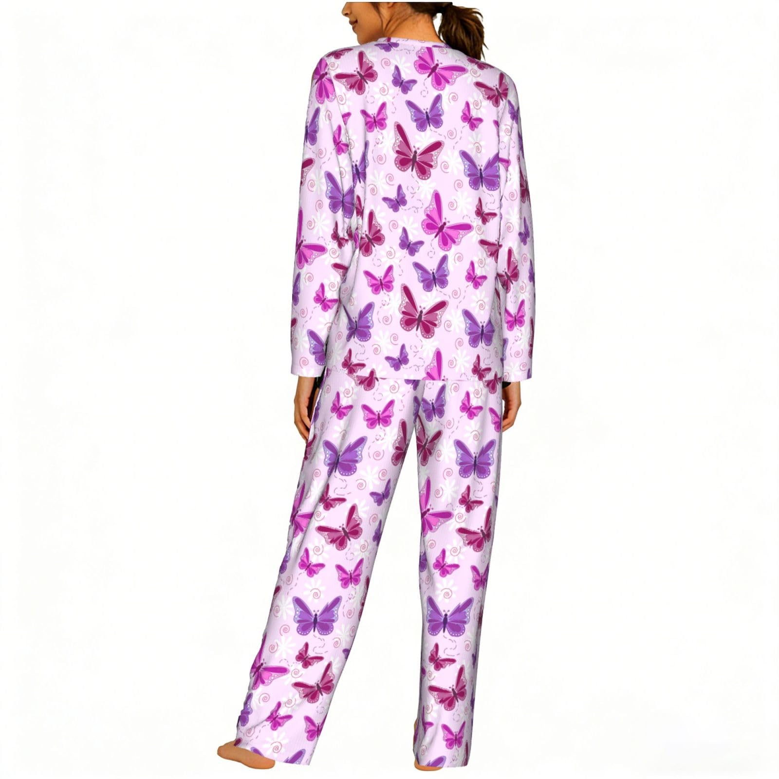Pigiama da donna a maniche lunghe con stampa a farfalla rosa per vacanze, yoga, uscite casual, comodo regalo