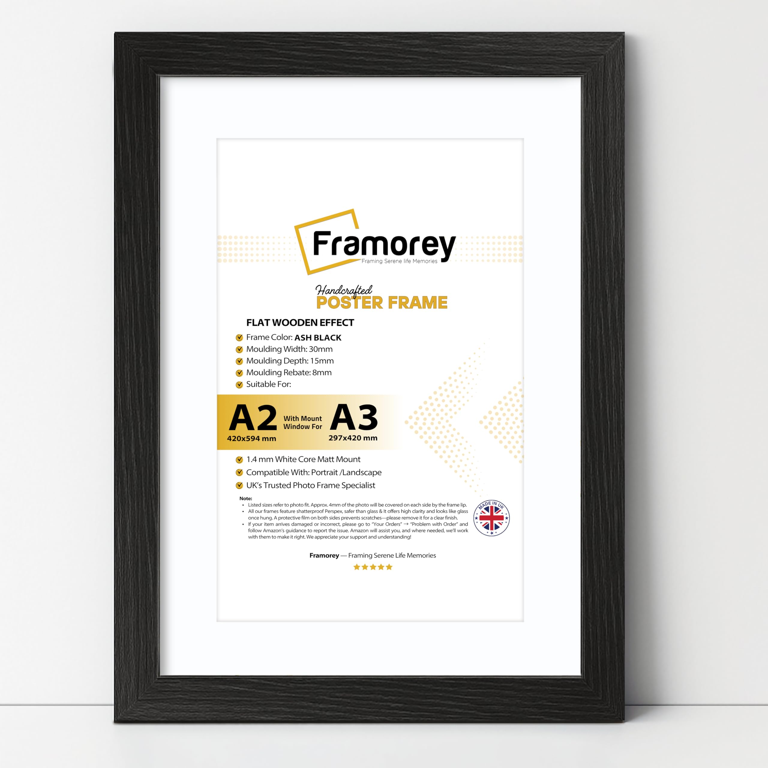 FRAMOREY A2 Black Picture Frame - Engineered Wood and Plexiglass, A2 Frame with A3 Mount for Prints, Photos, and Posters, 42x59.4cm Poster Frame Wall Mounted, Horizontal and Vertical Formats For Wall