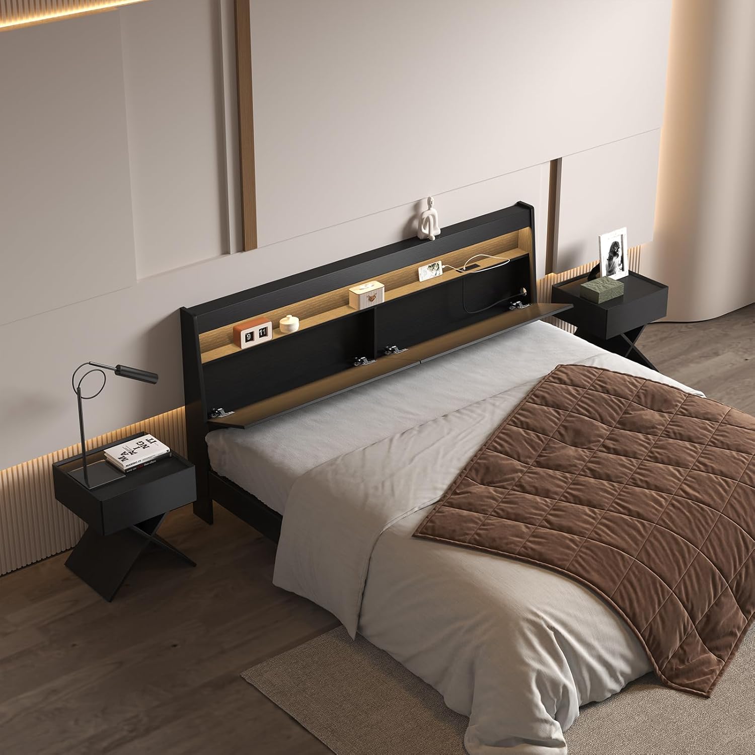 Side Table End Table Living Room Blend of Classic and Modern Elements X-Shape Design with a Steady Floor-Standing Creating a Warm Atmosphere, Wooden Nightstand for Bedroom Black