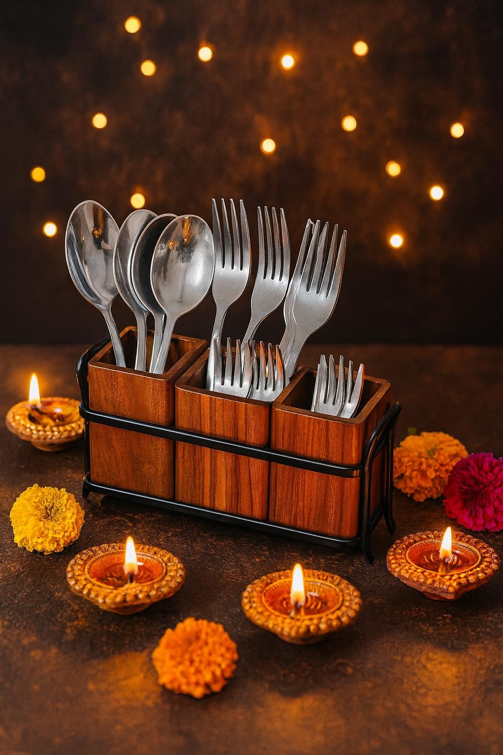Wooden Cutlery Holder Wrought Iron Spoons Stand for Dining Table, Multipurpose Holder with 3 Wooden Jar