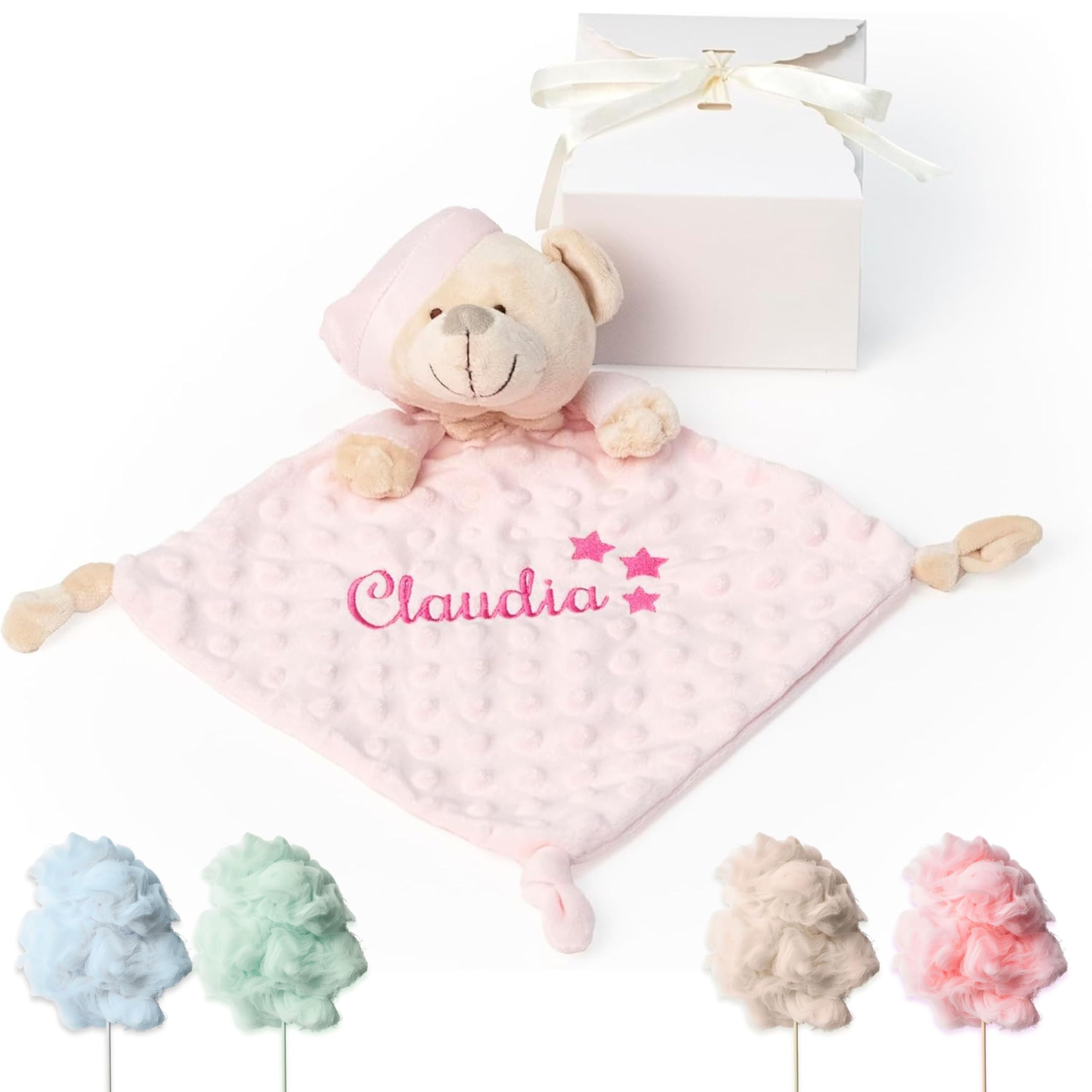 Balú Doudou Bebé Personalizado con Nombre Bordado | Oso Peluche Personalizado Bebe | Suave | Hipoalergénico | Dudu Recién Nacido Unisex | Regalo para Recién Nacido | 23cmx23cm | 4 Colores a Elegir