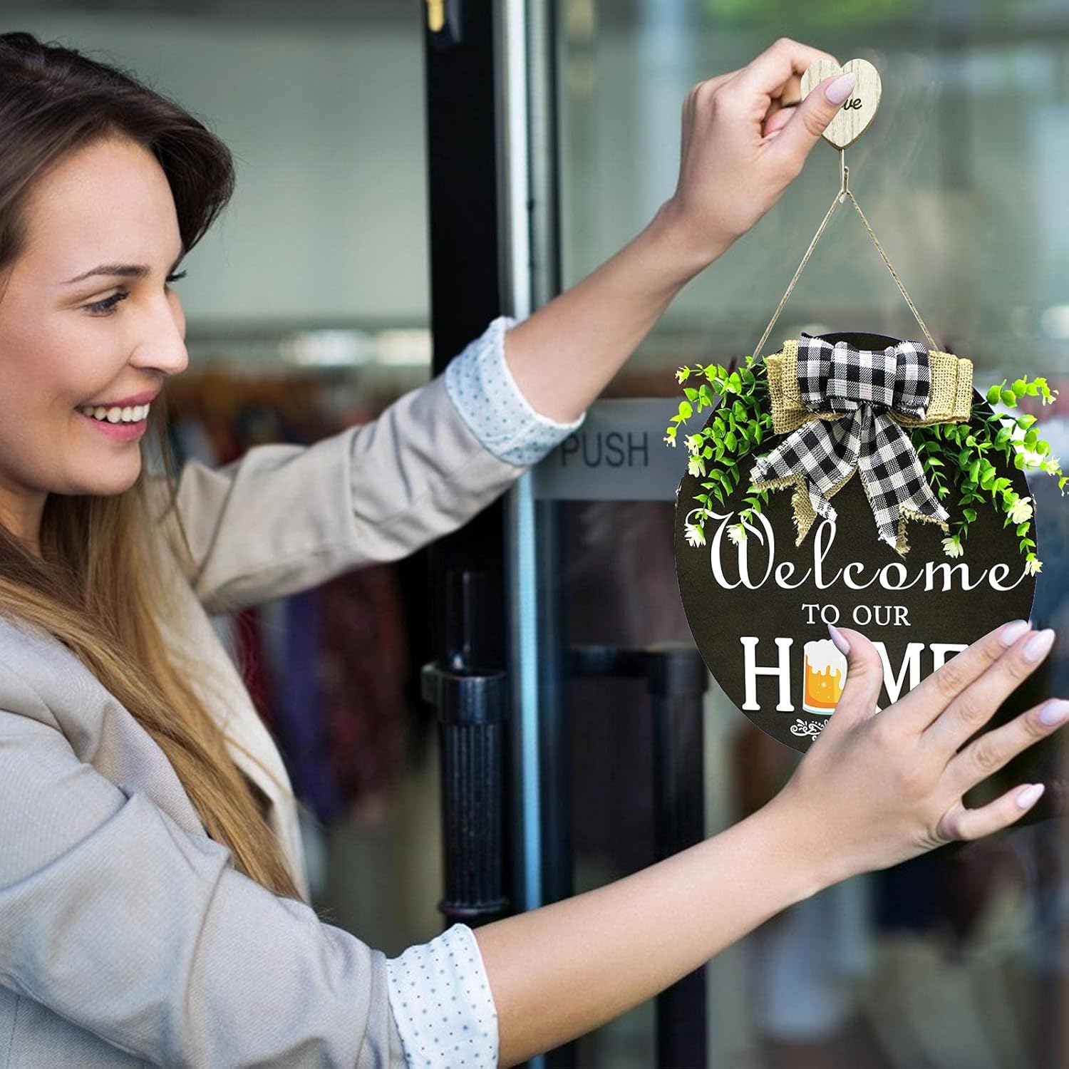 Nuolifee Wooden Seasonal Welcome Door Sign Interchangeable Welcome to Our Home Round Wood Hanging Front Door Sign with Burlap Bow with 16 Seasonal Ornament for Independence Day Holiday Porch : Patio, Lawn & Garden