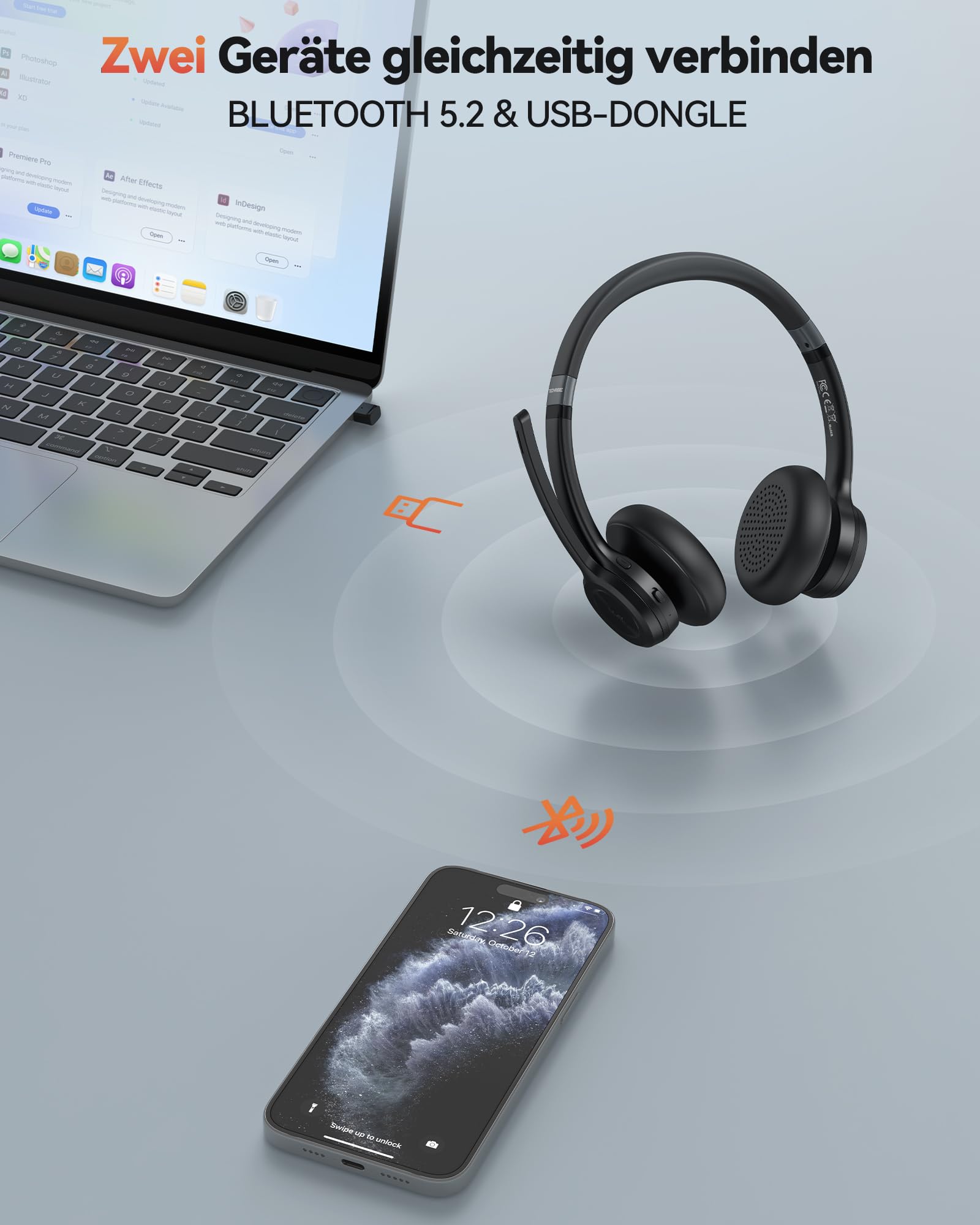 TechRise Bluetooth Headset mit Mikrofon, ENC Noise Cancelling & USB-Dongle