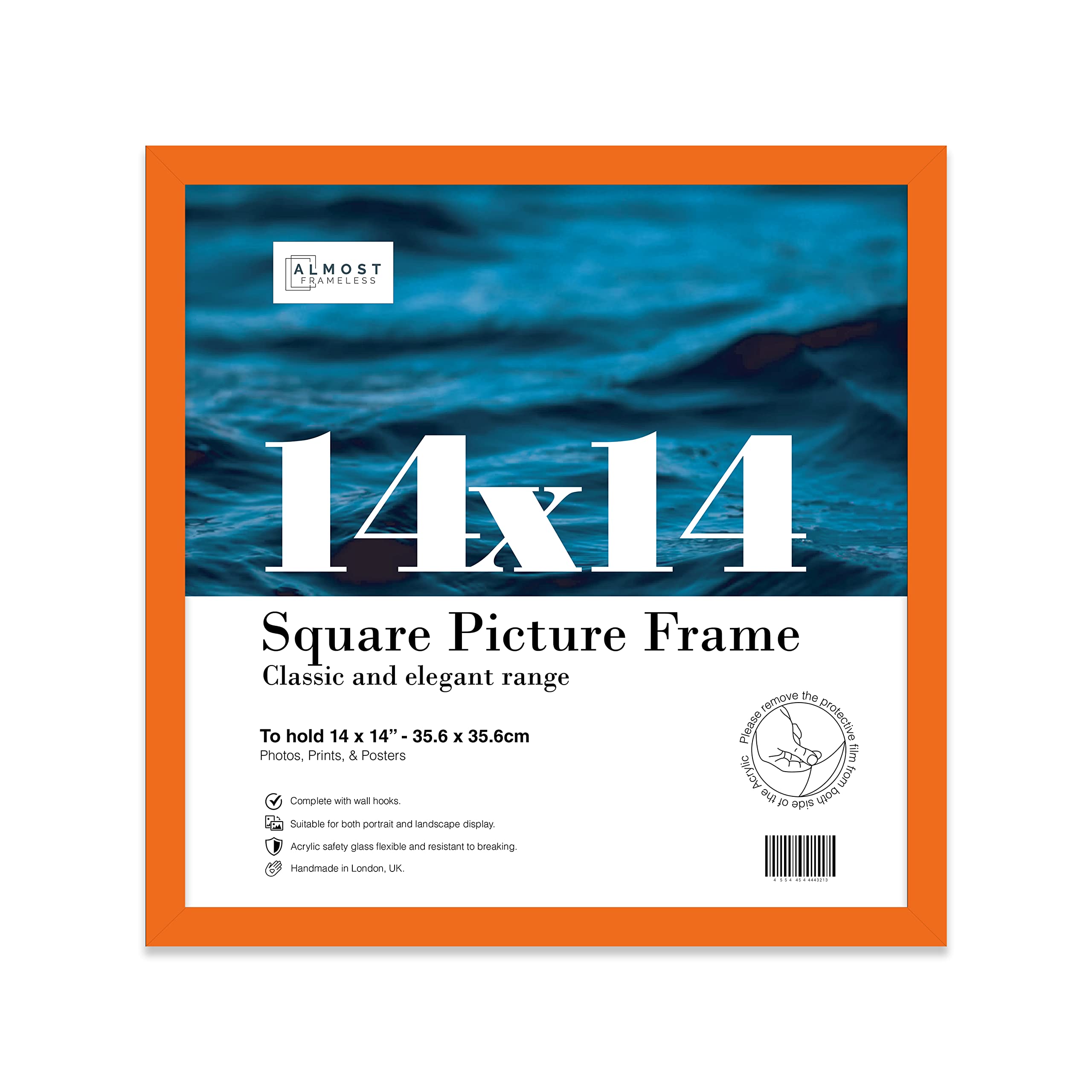 Almost Frameless 14x14 Orange Picture Frame 14"x14"(35.6x35.6cm) Poster, Photo, Artwork, or Print. Thin Edge Slim Frame Portrait and Landscape Display with Wall Hooks