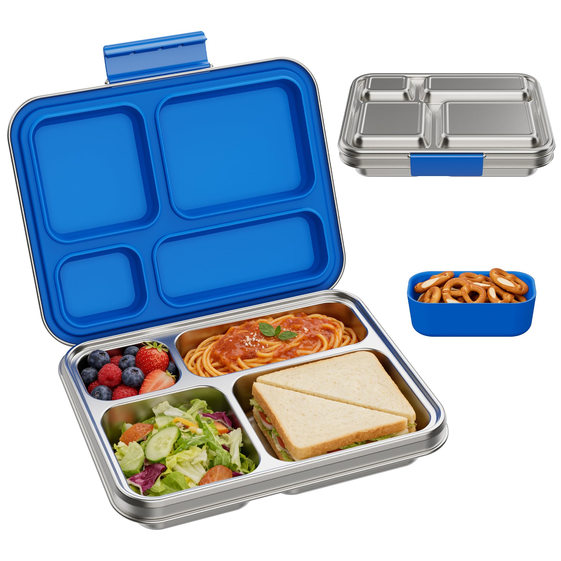 Photo 1 of ***MISSING LIDS**** BABHAMNESS Stainless Steel Kids Bento Lunch Box, 4-Compartments with Silicone Container, Dishwasher-Safe, Child-Friendly Design for School and Travel,BPA-Free(Blue)