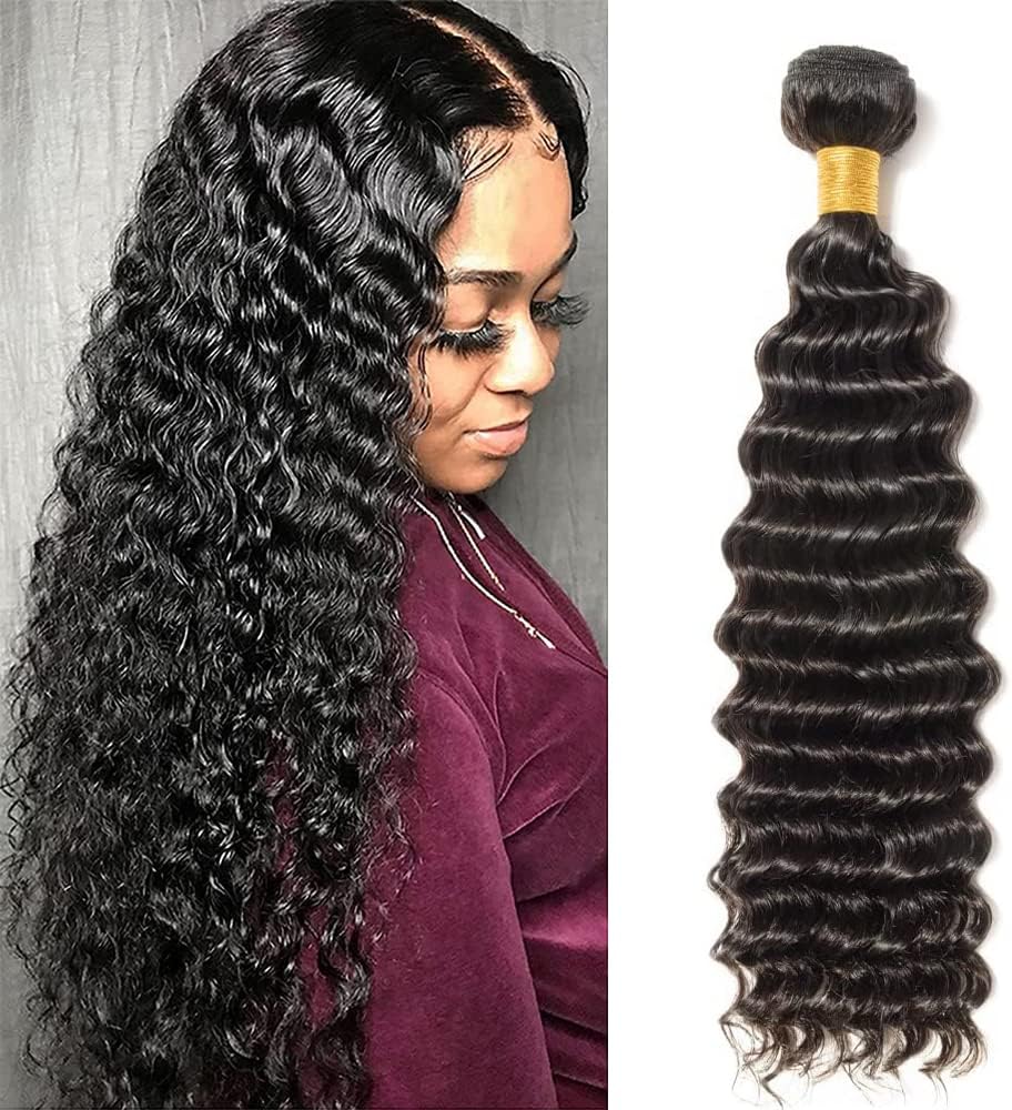 LANQI Brazilian Deep Wave Human Hair Bundle 16inch Deep Water Weave Hair Bundles Unprocessed Virgin Brazilian Deep Wave Human Hair 1Bundle Natural Color (16inch)