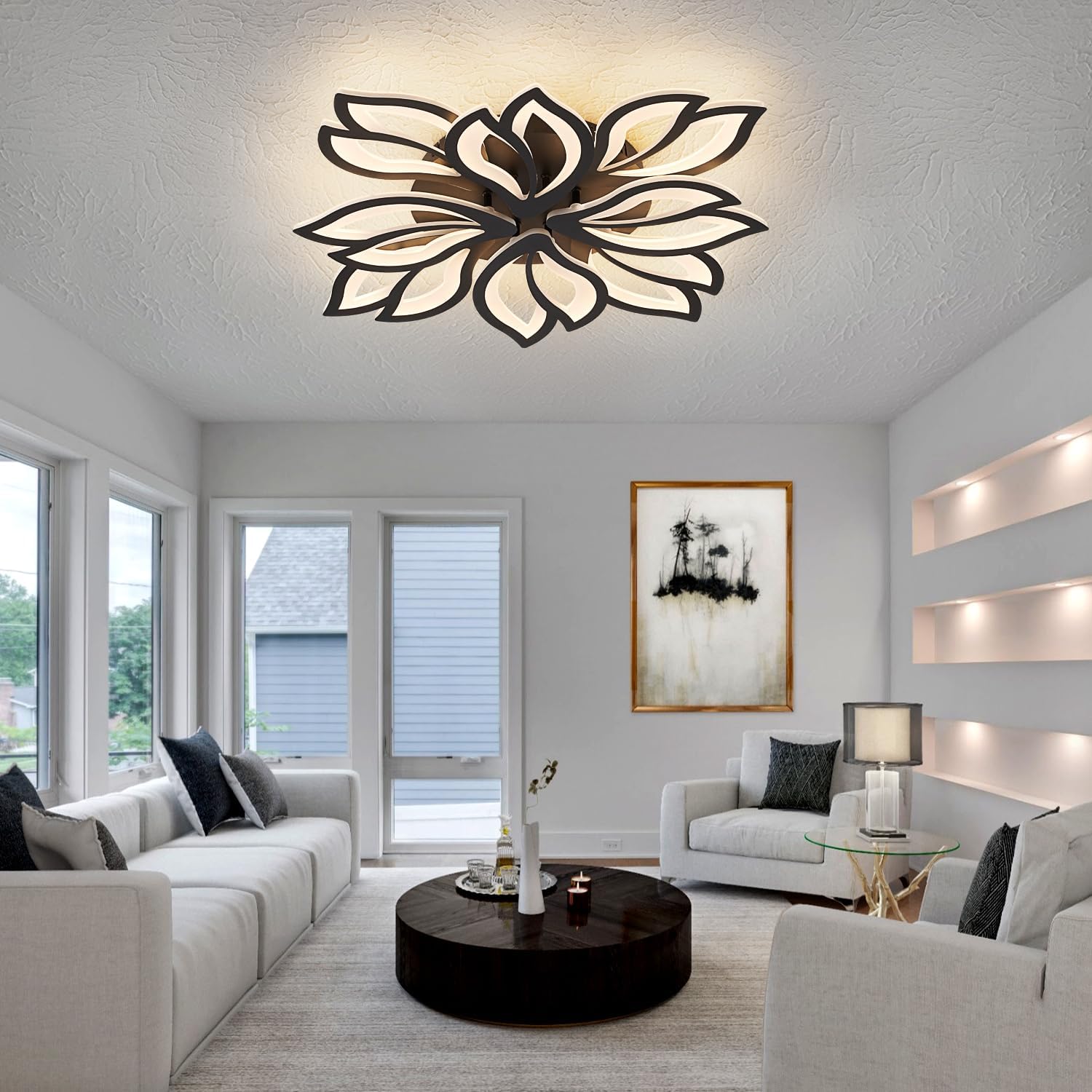 Modern LED Ceiling Light Fixture Dimmable, 28" Black Modern Flower Ceiling Light with Remote Control, Low Profile Flush Mount for Bedroom, Kitchen, Living Room