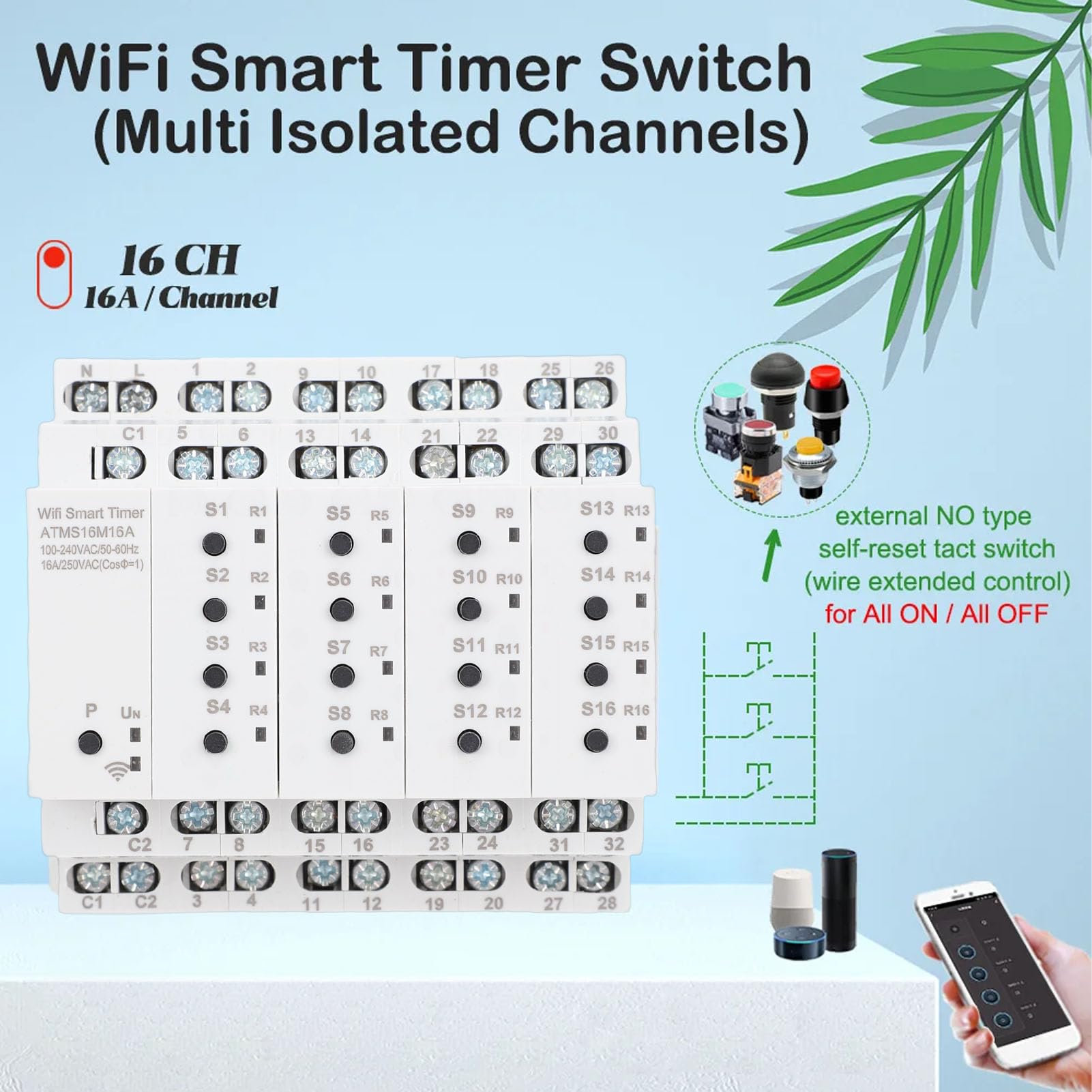 Generic Interruptor de Temporizador Inteligente WiFi 16A 16 Canales Control de Voz Interruptor Inteligente para Monitoreo de Seguridad en el Hogar