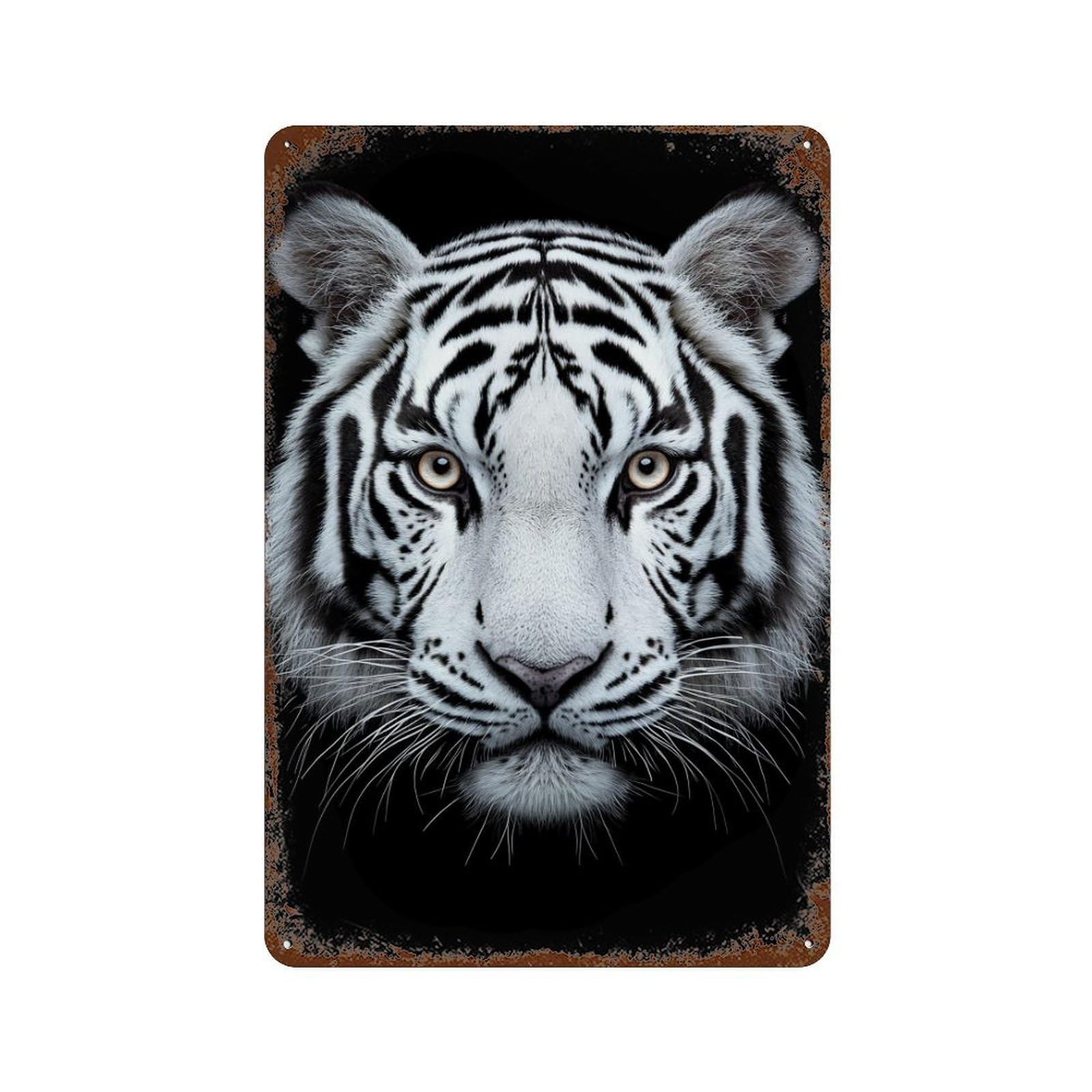 Garage Style White Tiger Portrait Rust Effect Tin Sign 11.8"x7.9", Rustic Home Decor for Bar And Workshop