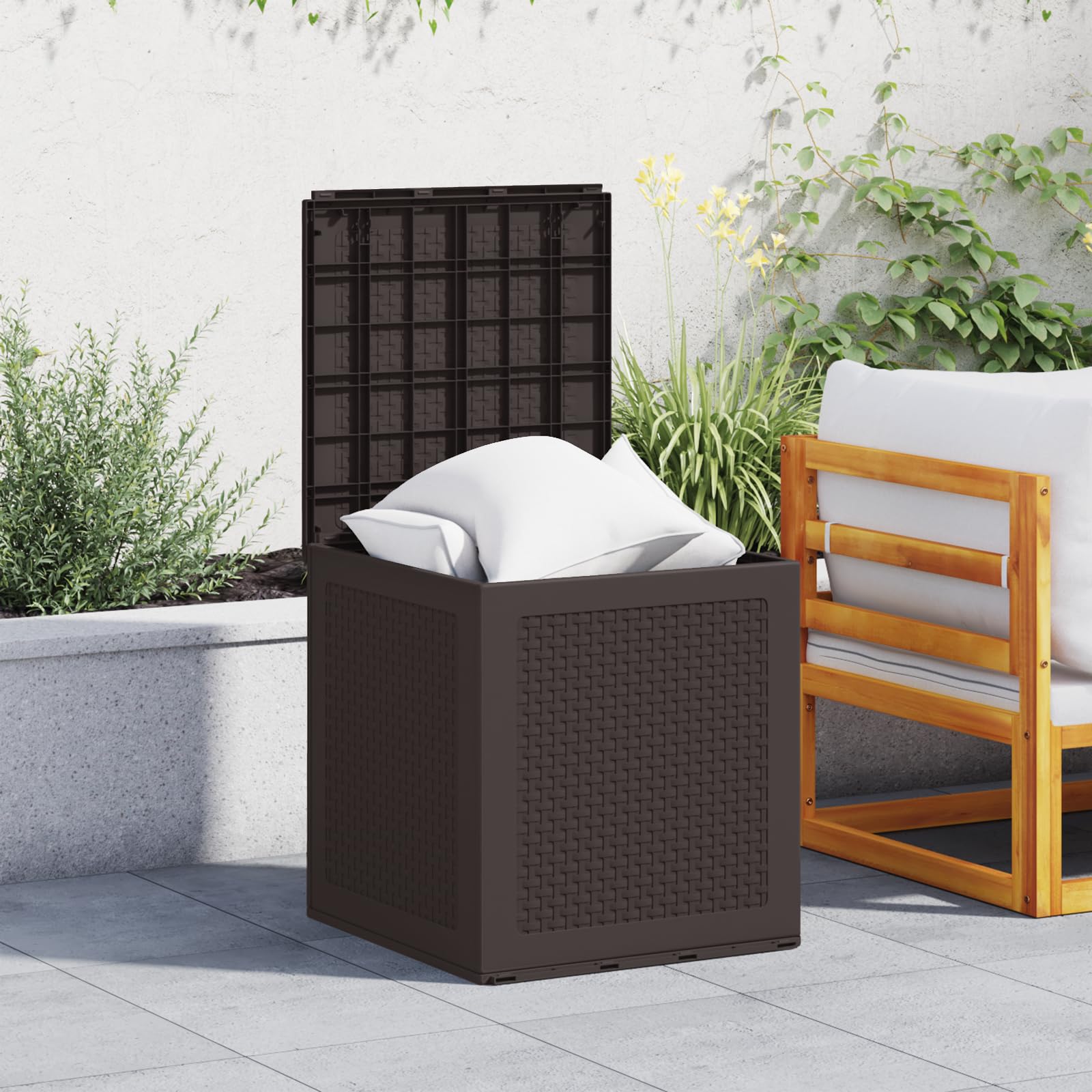 Gartentruhe aus PP Kunststoff Braun 55x53x57 cm Außenlagerbox mit UV-Schutz und texturierter Oberfläche für Terrasse Gartenmöbel Aufbewahrung