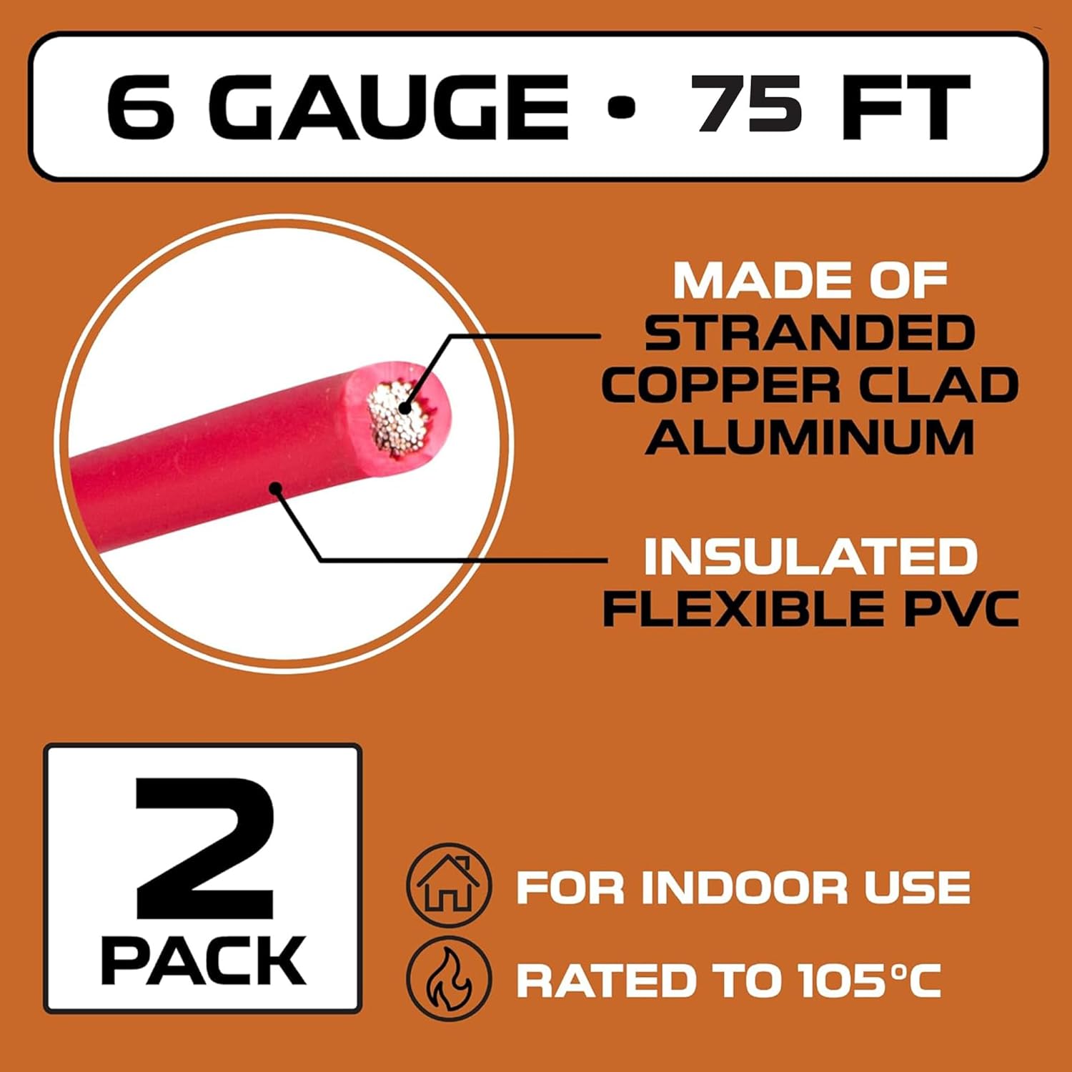 Iron Forge Cable 150 ft 6 Gauge Wire - 2 Pack 75ft Copper Clad Aluminum Primary Cable 6 AWG Heavy Duty with Wire Lug Terminal Connectors and Heat Shrink Tube