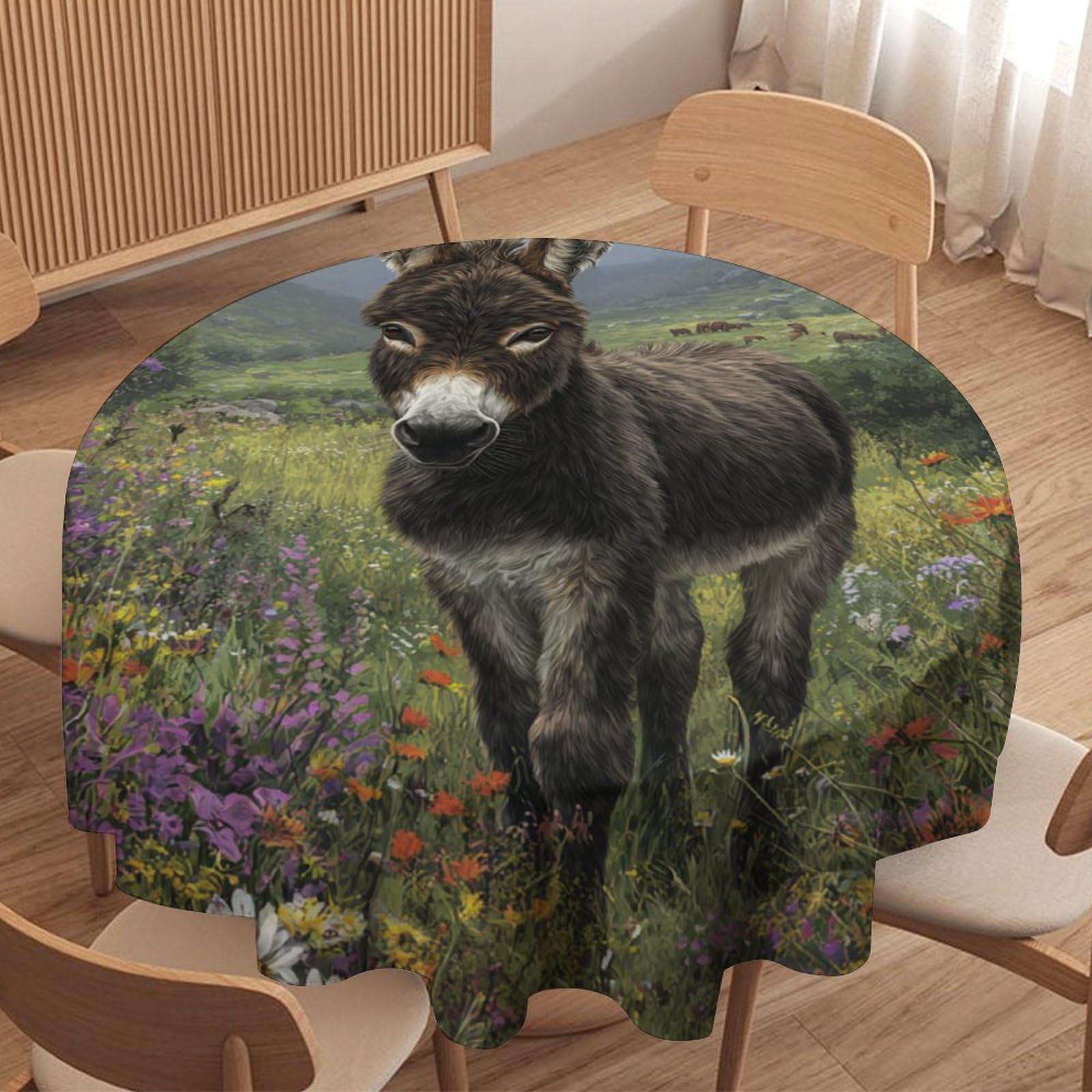 LUYYSKY Funny Colorful Donkey Round Tablecloth Vintage Classic Spring Fields Daisies Flowers Animal Donkeys Print Washable Decor for Table Cover for Kitchen-70 Wx70 L