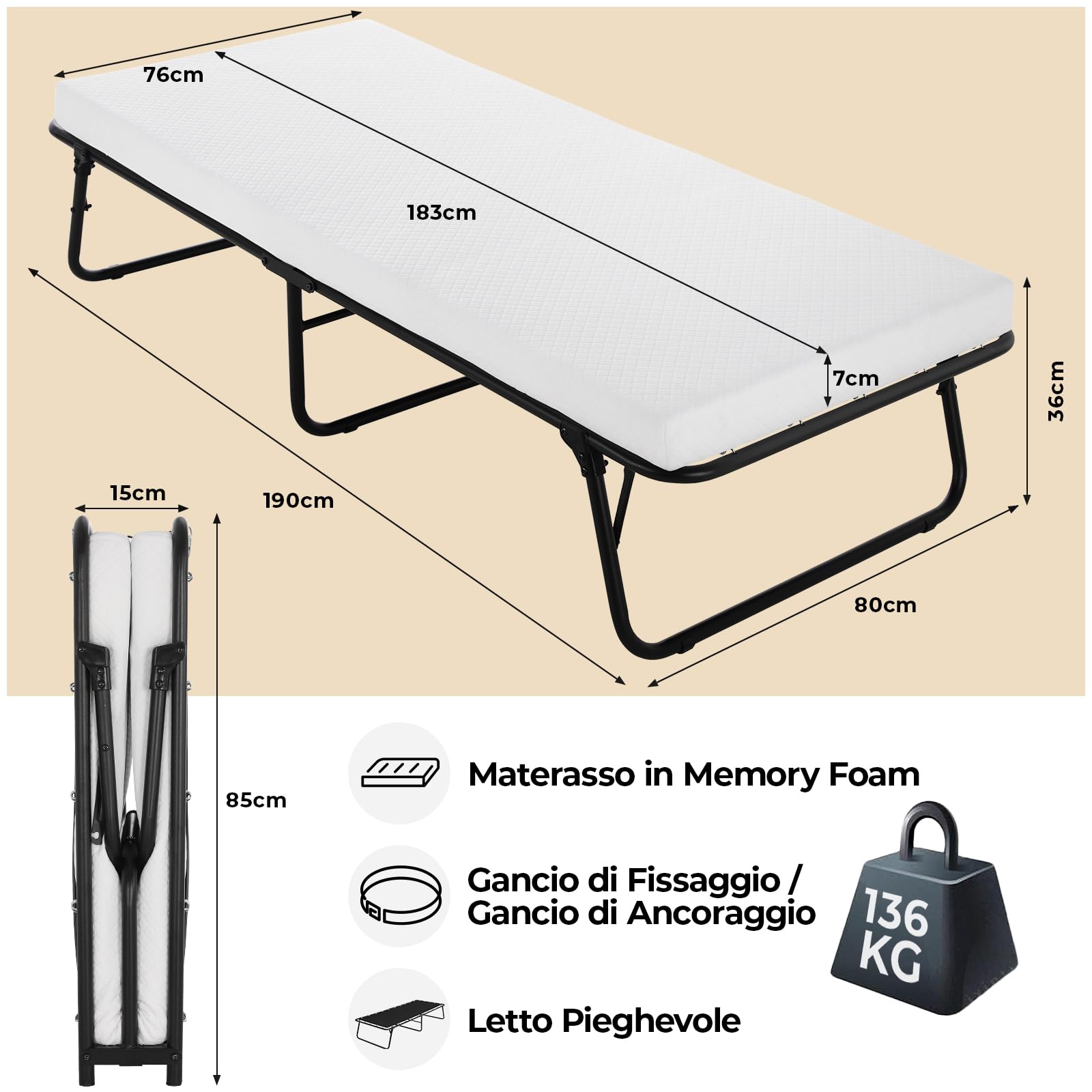 MAMIZO Letto Pieghevole Singolo 80x190 cm, Brandina Pieghevole con Materasso Memory Foam 7 cm, Letto Richiudibile per Ospiti, Letto Brandina Portatile,Ufficio,Casa di Riposo,Ospedale,30 pcs Molla