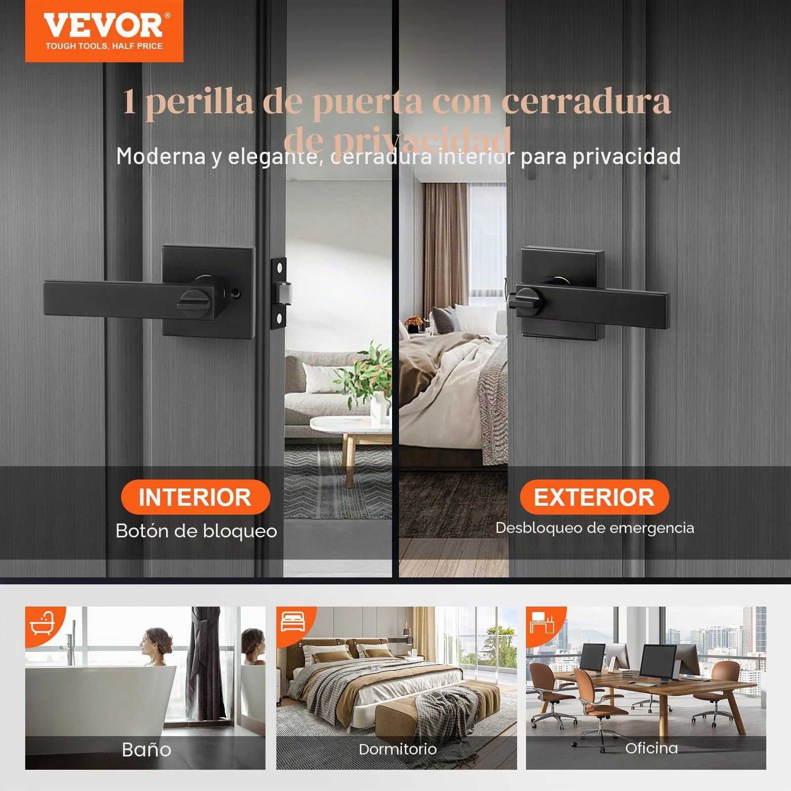 VEVOR 5 PCS Manija de Puerta de Privacidad, Manija Reversible para Zurdos o Diestros con Cerradura sin Llave, Rotación de 45° para Abrir, Interior Cuadrado Universal para Puertas de Baño, Negra Mate