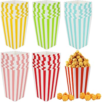 Pack of 50 Small Popcorn Bags 5 Colours Popcorn Bags Paper Popcorn Cups Striped Popcorn Boxes Candy Containers for Snacks Home Cinema Party