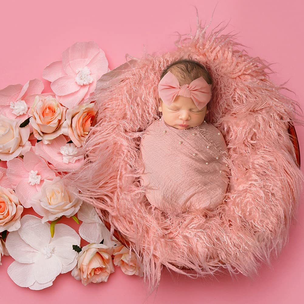 Newborn Baby Photoshoot Prop Set - Swaddle Wrap, Big Bow Headband, And Blanket Mat (3 Pcs) - View #11