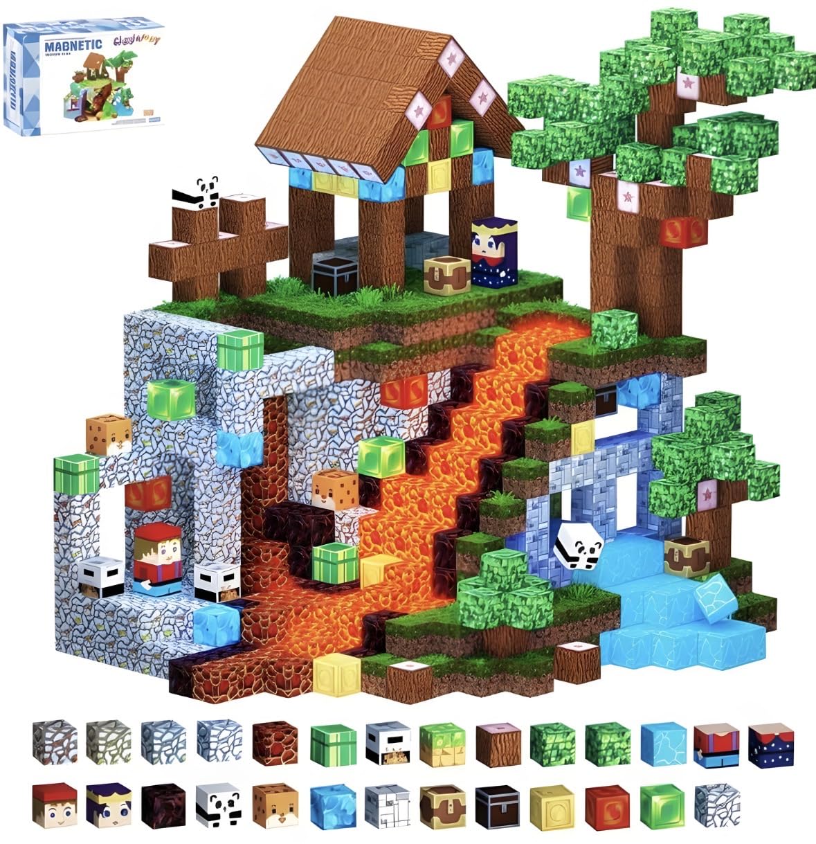 GigglePlay Magnetic Blocks Magnetic Building Blocks Construction Building Toy STEM Montessori Birthday Gift Present Cubes Educational Kids Boys Girls Ages 3 4 5 6 7 8 9 10 (100PC, Lava Forest).