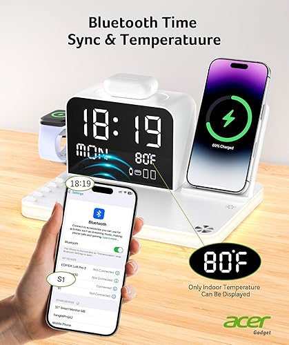 Miniatura 7 de Acer Estación de carga inalámbrica 7 en 1 con reloj LED, cargador inalámbrico rápido de 30 W para iPhone 16/15/14/13/12/Pro Max, Apple Watch,