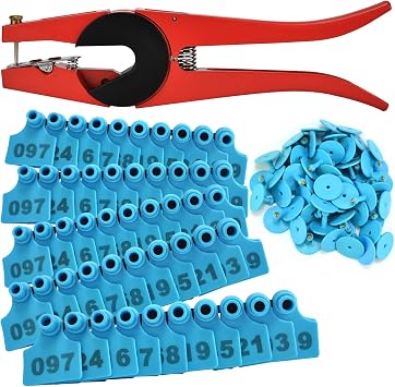 EASY Livestock Identification Numbered Ear Tags for Cattle Pigs Calf Hogs Goat Animal Plastic TPU Earring Tagger with 1 pcs Pliers Applicator, 500 Sets Blue