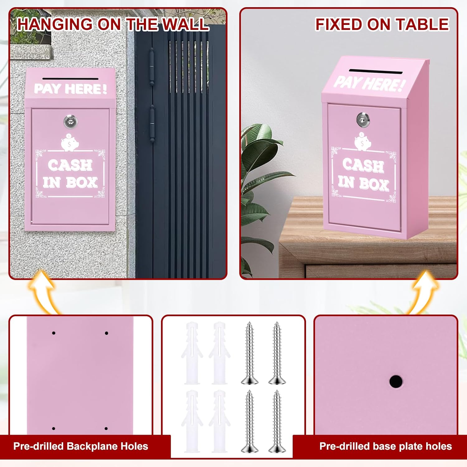 Metal Donation Box with Lock, 10.23 x 5.7 x 2.95 Inches Wall Mounted Suggestion Box, Metal Donation and Suggestion Boxes with Slot and Lock for Home, Office, Outdoor Door (Pink)