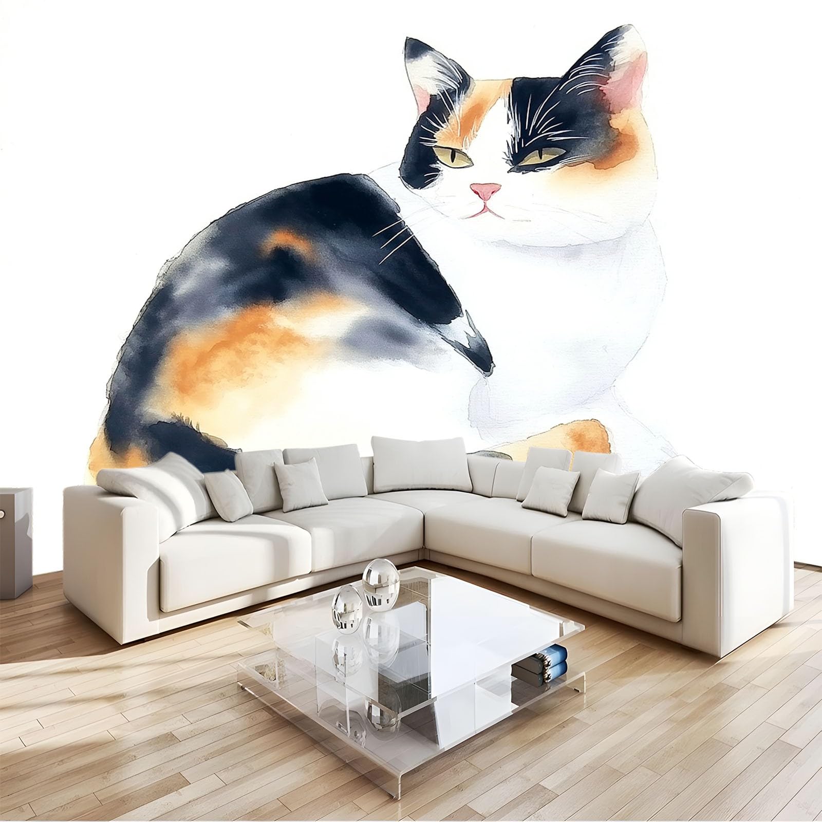 Papier peint chat aquarelle 3D pour transformer votre salon en havre de paix
