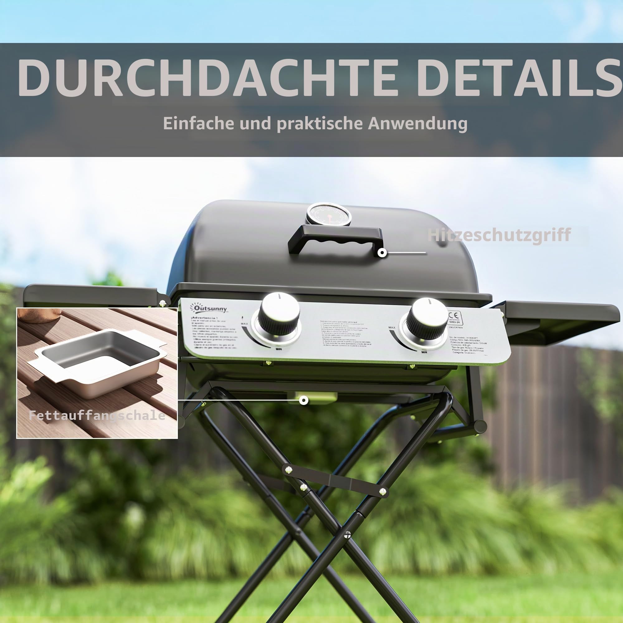 Outsunny Tragbarer Gasgrill, klappbar, 2 Brenner 5,6 kW, Camping-Gasgrill mit Grillrost, Seitenablagen, Deckel, Thermometer und Rädern, für Camping, Garten und Balkon, Schwarz