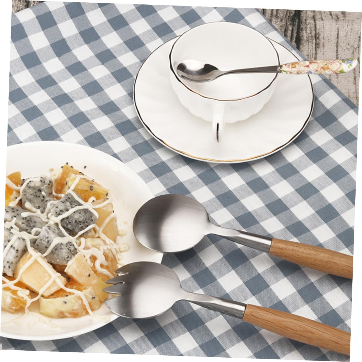 Dinner Forks, 2pcs Set Dinner Forks Wood Handle Salad Servers Salad Serving Utensils Spoon Cooking Utensils for Kitchen Tableware Bamboo Stainless Steel