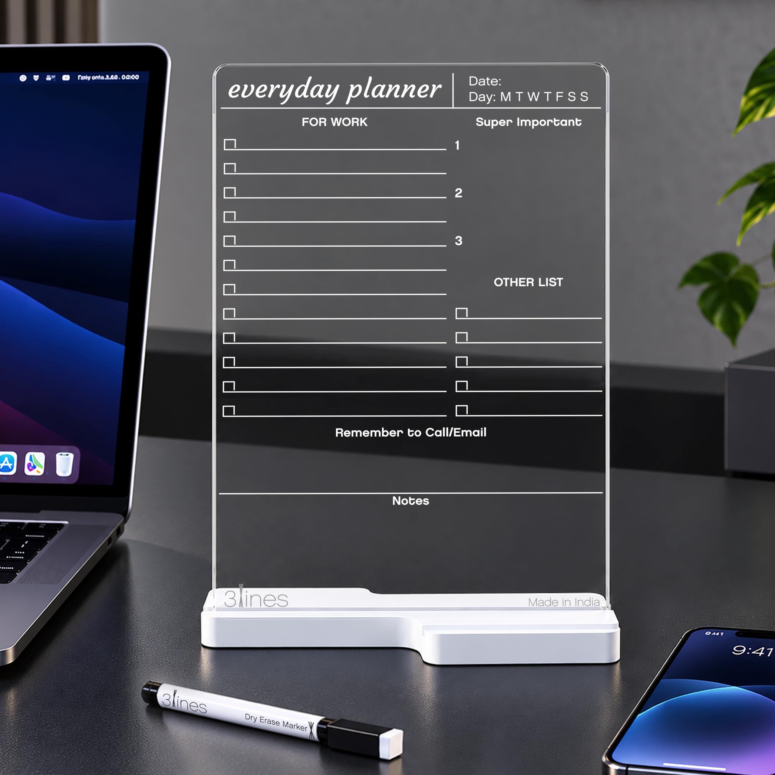 3 Lines Clear Acrylic Board Everyday Planner for Desk (Size 24x16 CM) TO-DO, Reminders, Priority List & More 4 Professionals & Students | Acrylic Base With Slot for Phone/iPad Stand