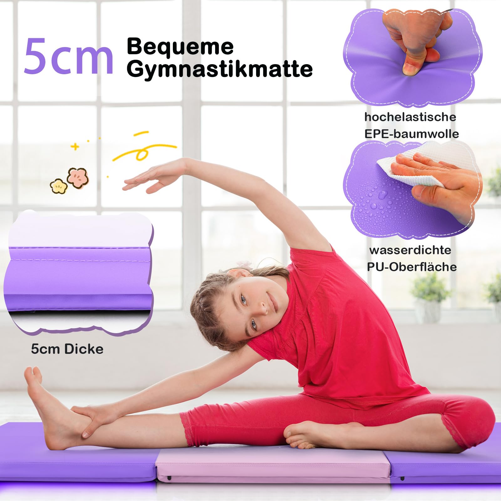 GOPLUS Weichbodenmatte, 180 x 60 x 5 cm Yogamatte rutschfest mit Klettverschlüssen & Tragegriffen, Gymnastikmatte klappbar aus PU-Leder, Turnmatte zum Trainieren von Gymnastik & Yoga