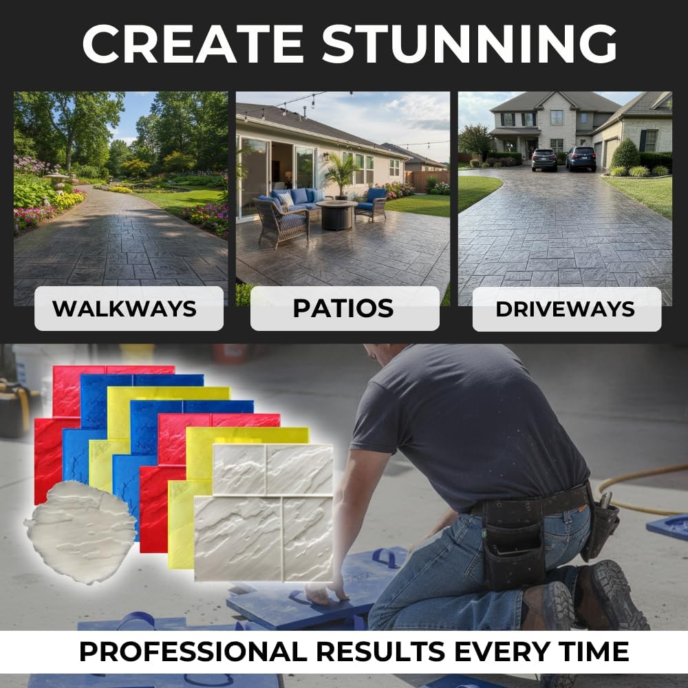 Grand Ashlar Slate Stone Concrete Stamps Set of 8 - Made in USA | Durable Polyurethane, Rigid & Flexible Forms for Patios, Driveways, Walkways & DIY Projects SM 3004/S-8