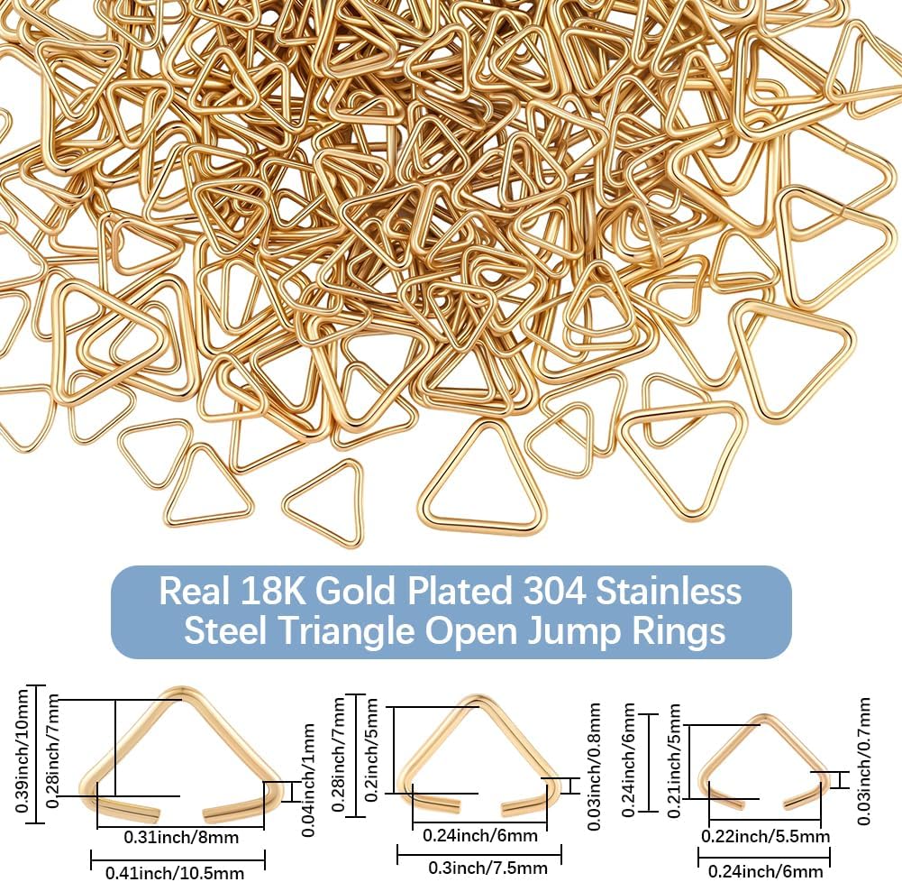 Beebeecraft 300Pcs 3 Sizes Triangle Open Jump Rings 18K Gold Plated 304 Stainless Steel Pinch Clip Bails Hang Drops for Drilled Beads Jewelry Making DIY Crafts