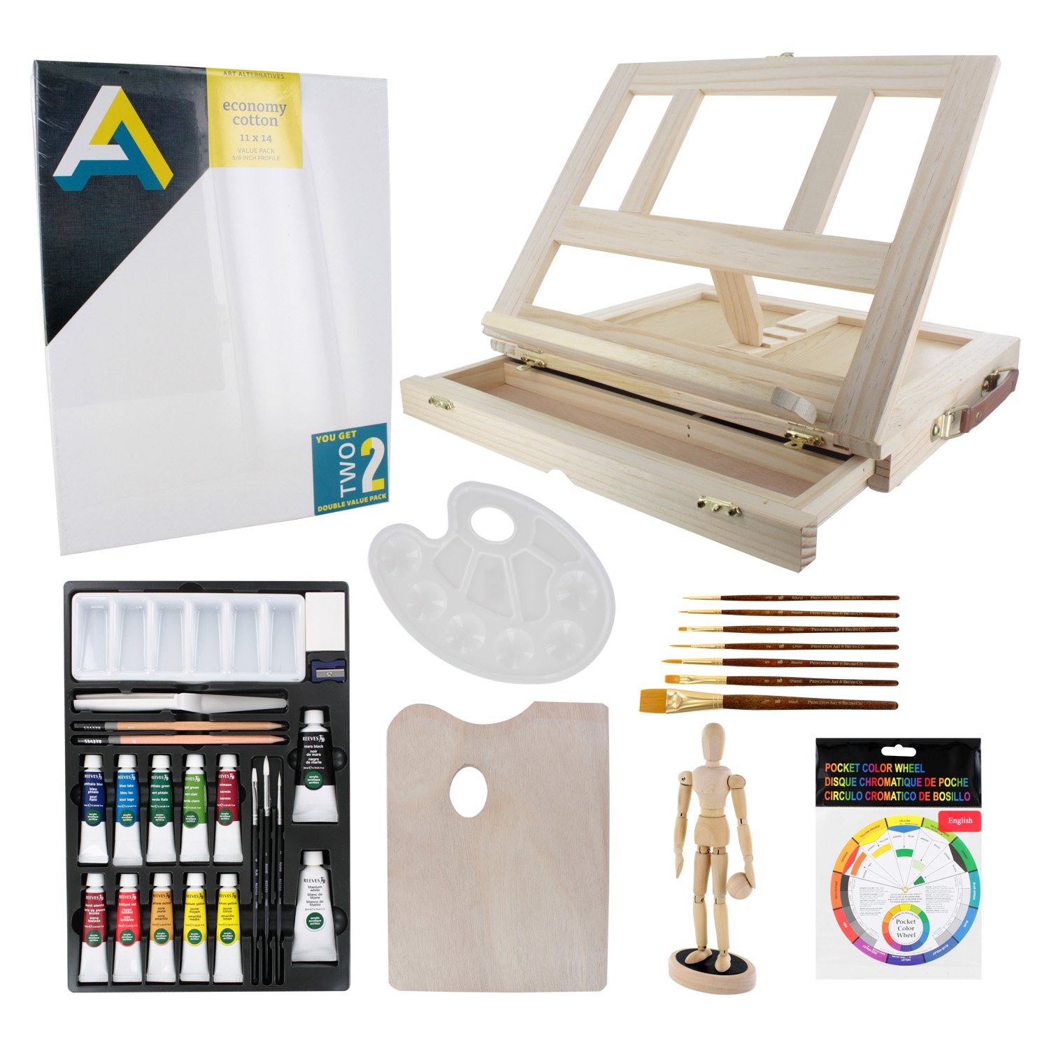 Junipers Custom Artist Painting Kit with Easel, Two (2) Art Alternatives 11" X 14" Canvases, Reeves Acrylic Paint Set, 7 Golden Taklon Synthetic Hair Paint Brushes, Magnetic Manikin, Marquis Wooden Tabletop Desk Easel with Free Wooden Mixing Palette