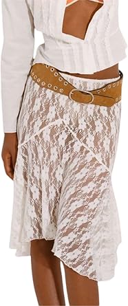 White Lace Midi Skirts for Women Floral Sheer Mesh Split Ruffle Swing Long Skirt Y2K Fairy Grunge Midi Skirt