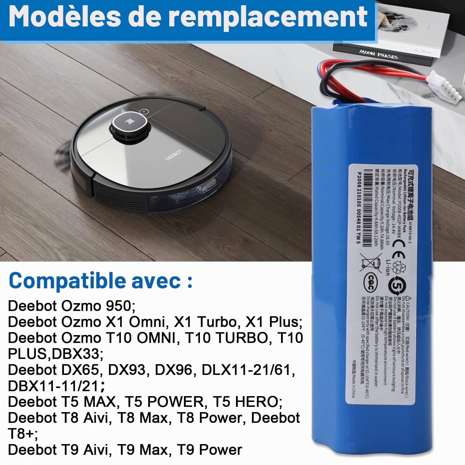 5200mAh S10-LI-144-5200 Batterie de Remplacement,Compatible avec Ecovacs Deebot T5 T8 T8+ T9 T9+,Deebot Ozmo 950 T10 T9 DX65 DX93 DX96 X1, Omni X1 Turbo X1 Plus DLX11-21/61 DBX11-11/21 Vacuum Cleaner