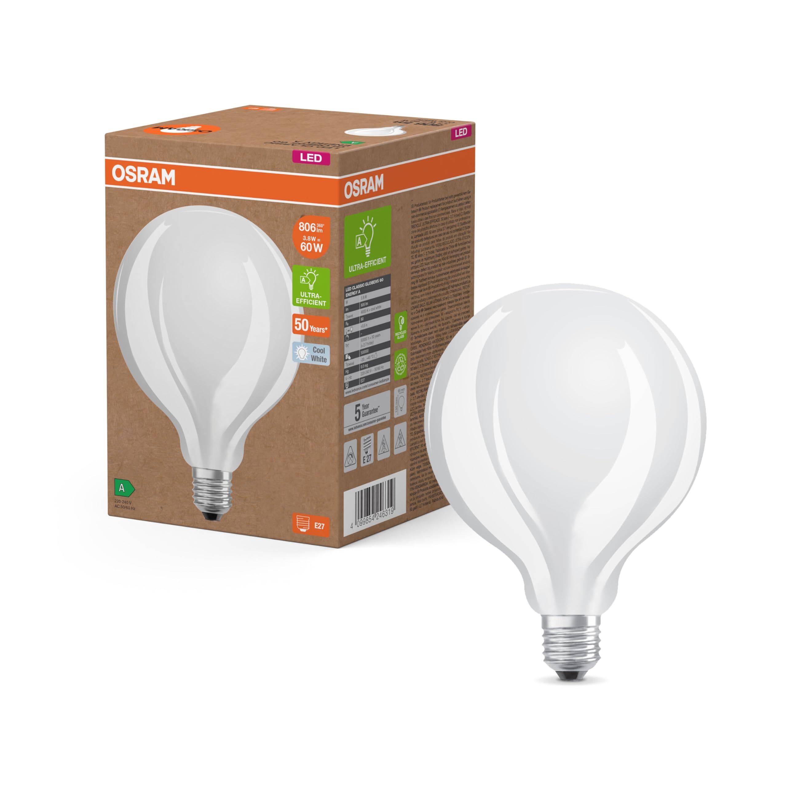 Osram LED Superstar Classic Globe LED Lamp G 95 in Classic Frosted Glass Ball Shape 3.8 W 806 lm E27 Socket Cool White Light 4000 K Energy Efficiency A 95 mm Diameter