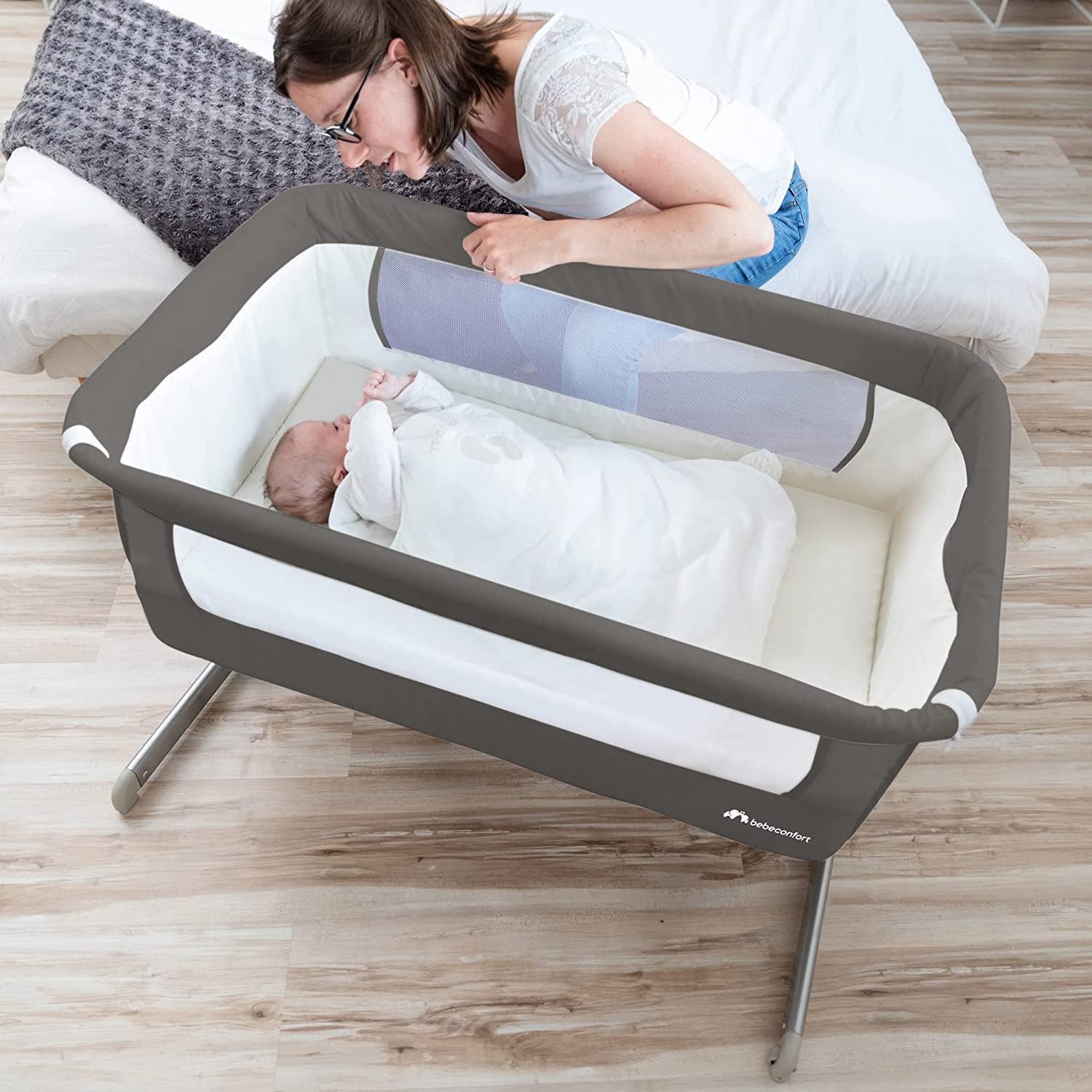 Bebeconfort Calidoo, Cuna Bebé y Moisés 2 en 1, 0-6 Meses (0-9 kg), Cuna Colecho Bebé Reclinable, 5 Alturas, Colchón Grande, Laterales de Malla, Lateral Deslizable de Fácil Plegado, Grey Mist