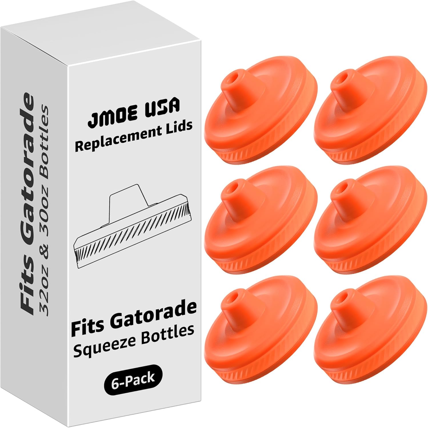 Jmoe USA Improved Lid For Gatorade Water Bottle | Fits Squeezable 32 oz and 30 oz Versions | Faster Flow Valve and Easy Twist Grip | Made With Food-Grade Materials (6-Pack)