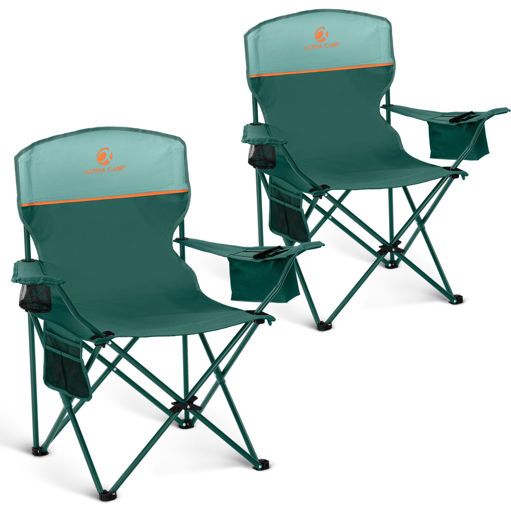 ALPHA CAMP Set of 2 Folding Camping Chairs with Cooler Bag & Cup Holder & Side Pocket Up to 110kg, Lightweight and Portable Camping Chair for Adults, Green