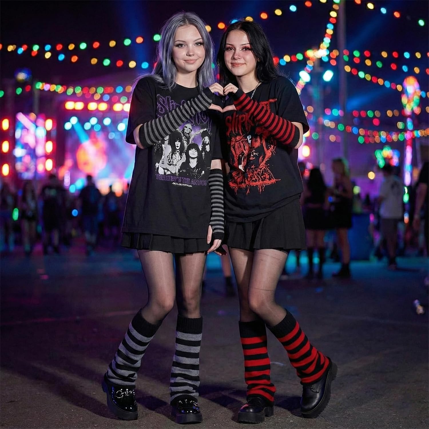 Fizzlup Harajuku Leg And Arm Warmers Set, Y2K Red And Black Striped High Socks Flared Goth Scene Accessories for Women