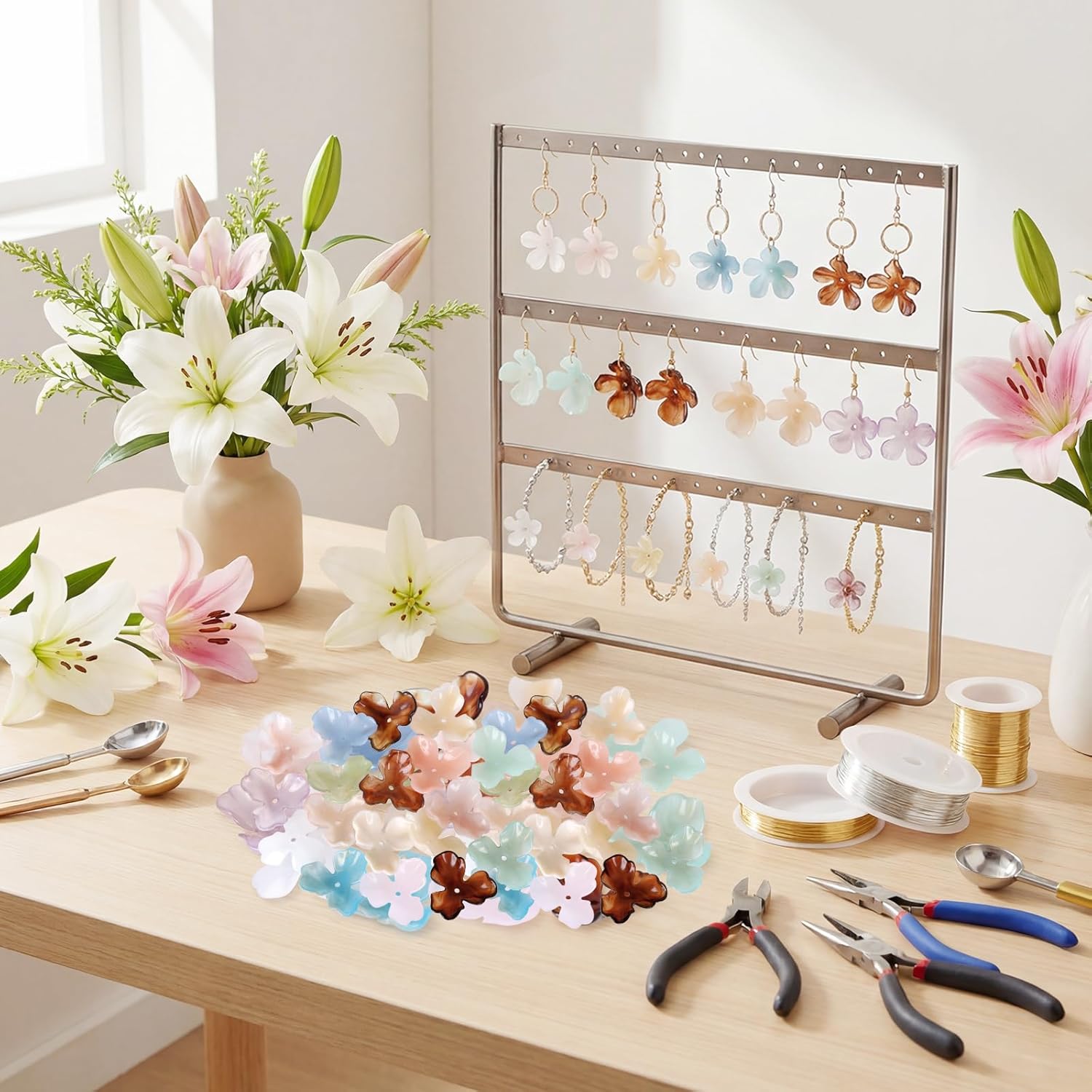 48Pcs 16 Styles Acrylic Flower Bead Caps 3-Petal Flower Bead End Caps Spacer Charms Plastic Floral Loose Craft Beads for DIY Earring Bracelet Necklace Jewelry Making - Image 6