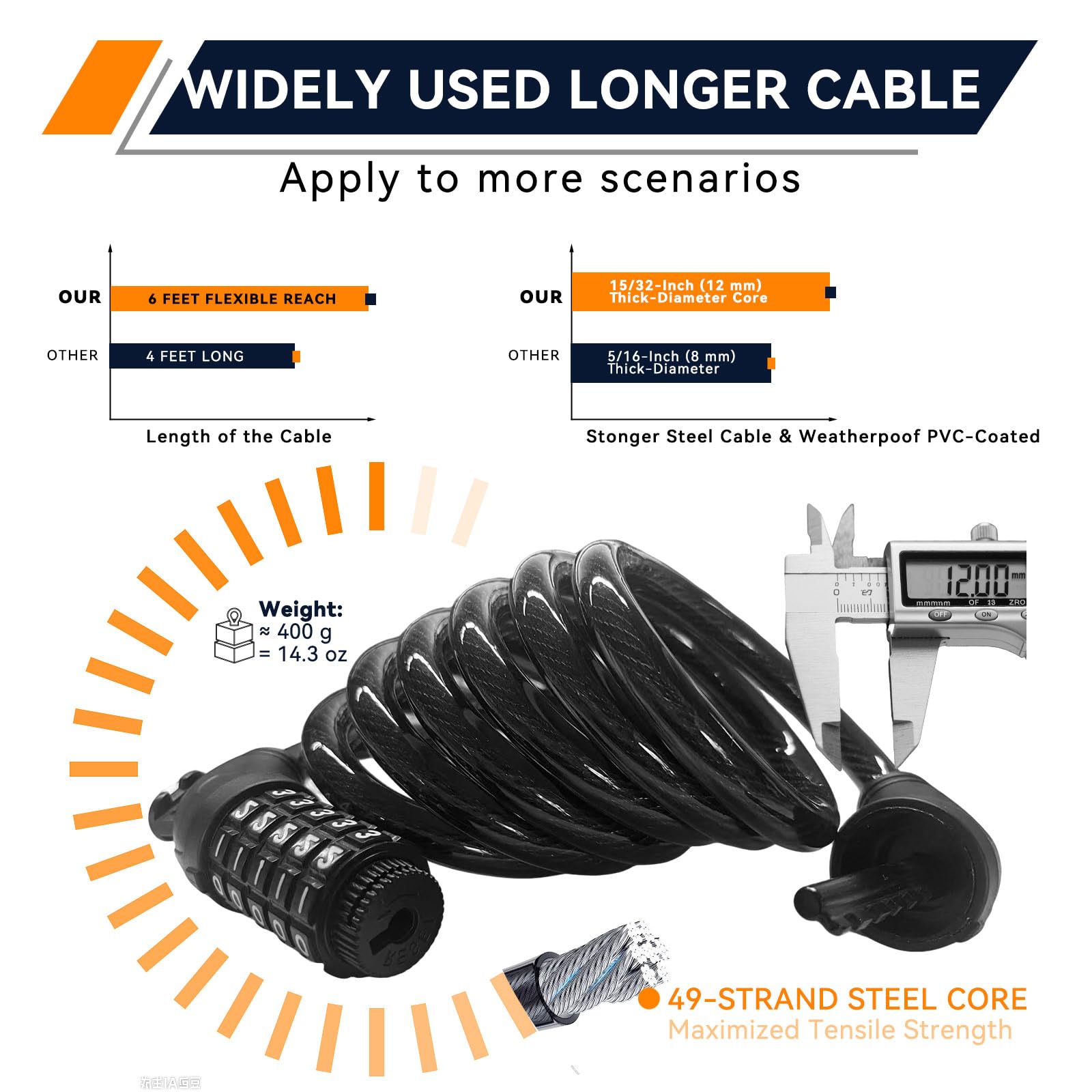 SEPOX Candado de cable reajustable para bicicleta con combinación de 5 dígitos, cerraduras de bicicleta de alta resistencia de 6 pies de acero de vinilo antirrobo con soporte de montaje, color negro,