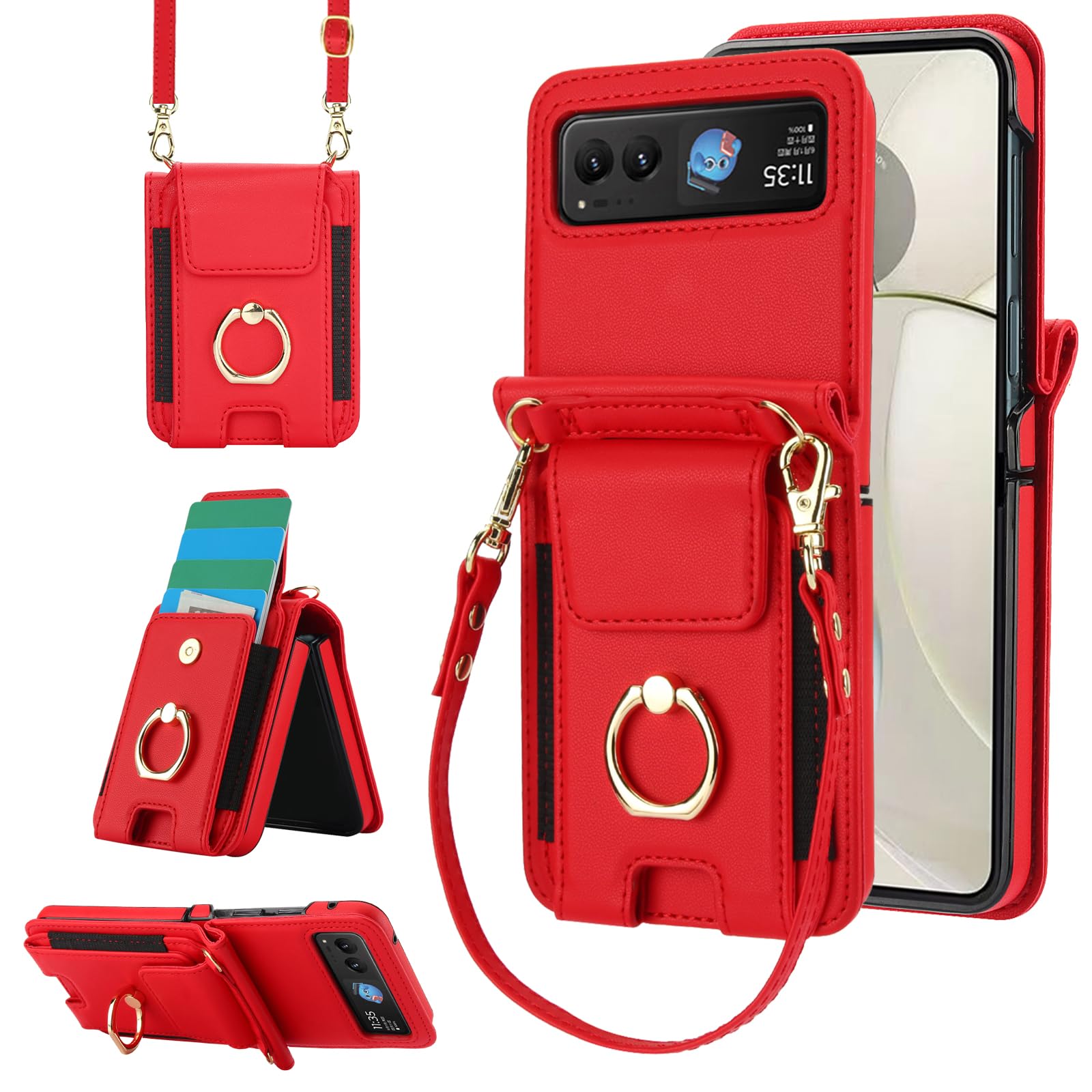 Asuwish Phone Case for Motorola Razr 40/Moto Razr 2023 Wallet Cover with Ring and Crossbody Wrist Strap Lanyard Credit Card Holder Slot Stand XT2323-6