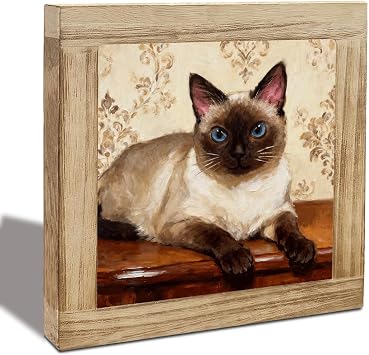 Vintage Siamese Cat Art Decor, Blue-Eyed Cat Oil Painting Framed Wooden Box Sign, Floral Background Pet Artwork for Home Office Desk Shelf, Unique Cat Lover Gift Idea