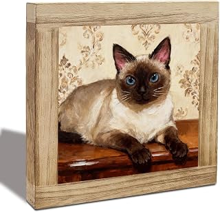 Vintage Siamese Cat Art Decor, Blue-Eyed Cat Oil Painting Framed Wooden Box Sign, Floral Background Pet Artwork for Home Office Desk Shelf, Unique Cat Lover Gift Idea