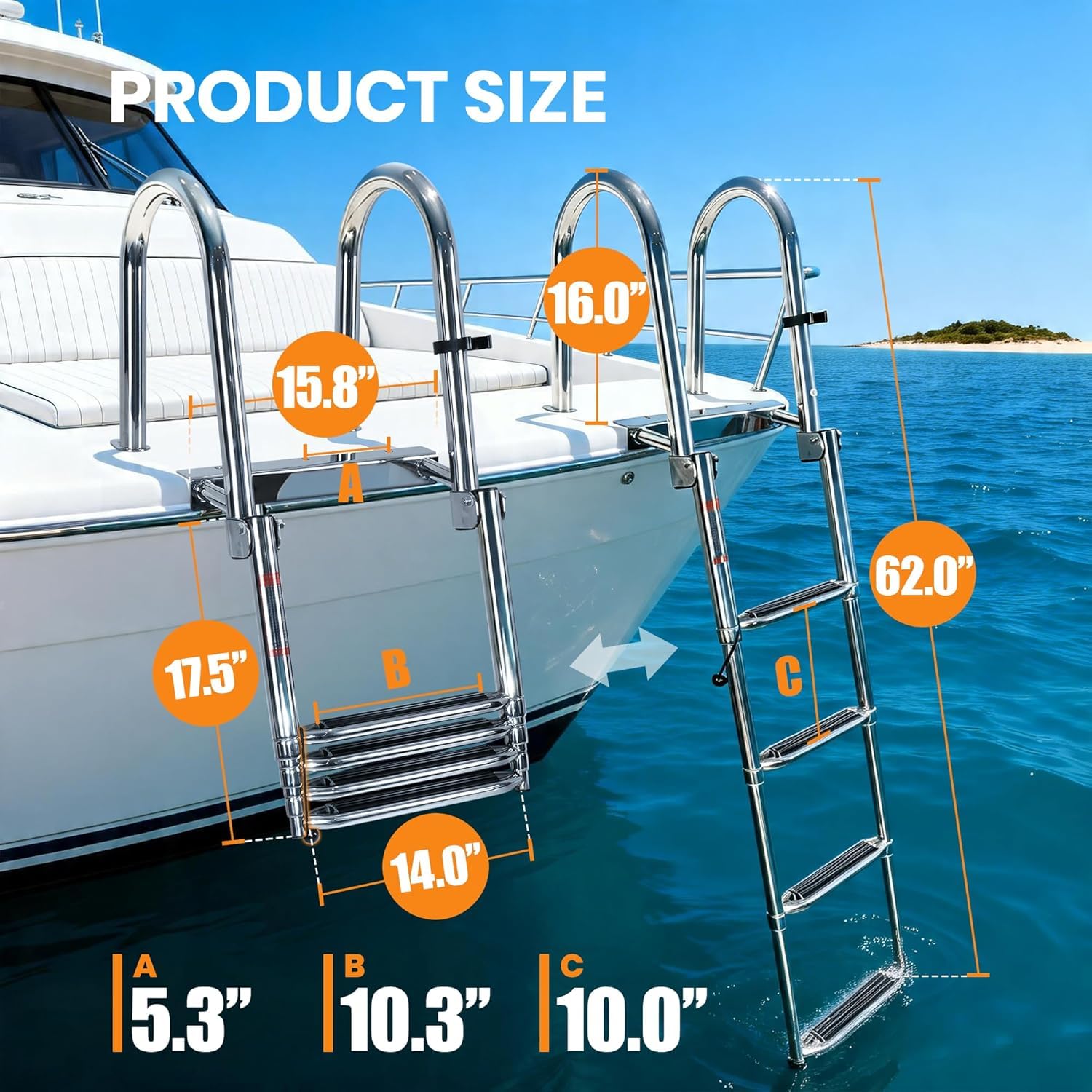 Scaletta per Bagno Barca Pieghevole, Inox Telescopica 4 Gradini Per Piscina, Ingresso Pontone Di Poppa Marina Yacht Con Corrimano E Piolo Largo