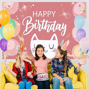 Cartoon Happy Cat Birthday Banner 5x3Ft