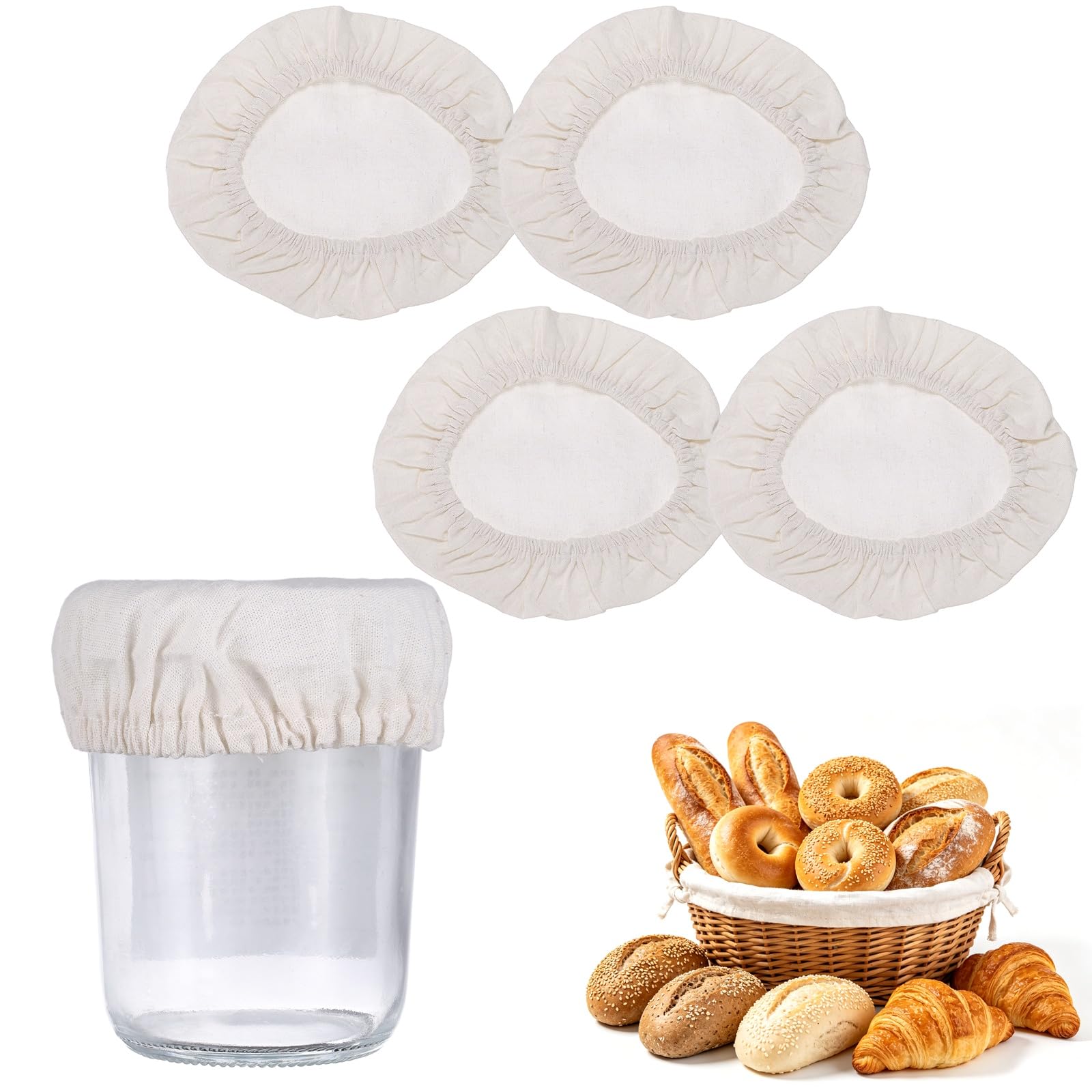 sourcing map 4 Pack Sourdough Jar Cover, 170mm Wide Mouth Reusable Cloth Lid Cloth Bread Fermentation Container Top Elastic Fabric Caps for 140-150mm Diameter Bowl and Jar Mouth, Beige