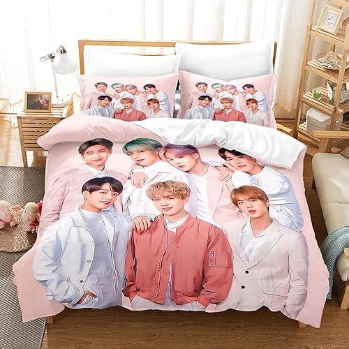 GZMSQR Kpop B-T-S - Juego de ropa de cama de 3 piezas para niños, adolescentes, niñas, niños, con 1 funda de edredón y 2 fundas de almohada (tamaño